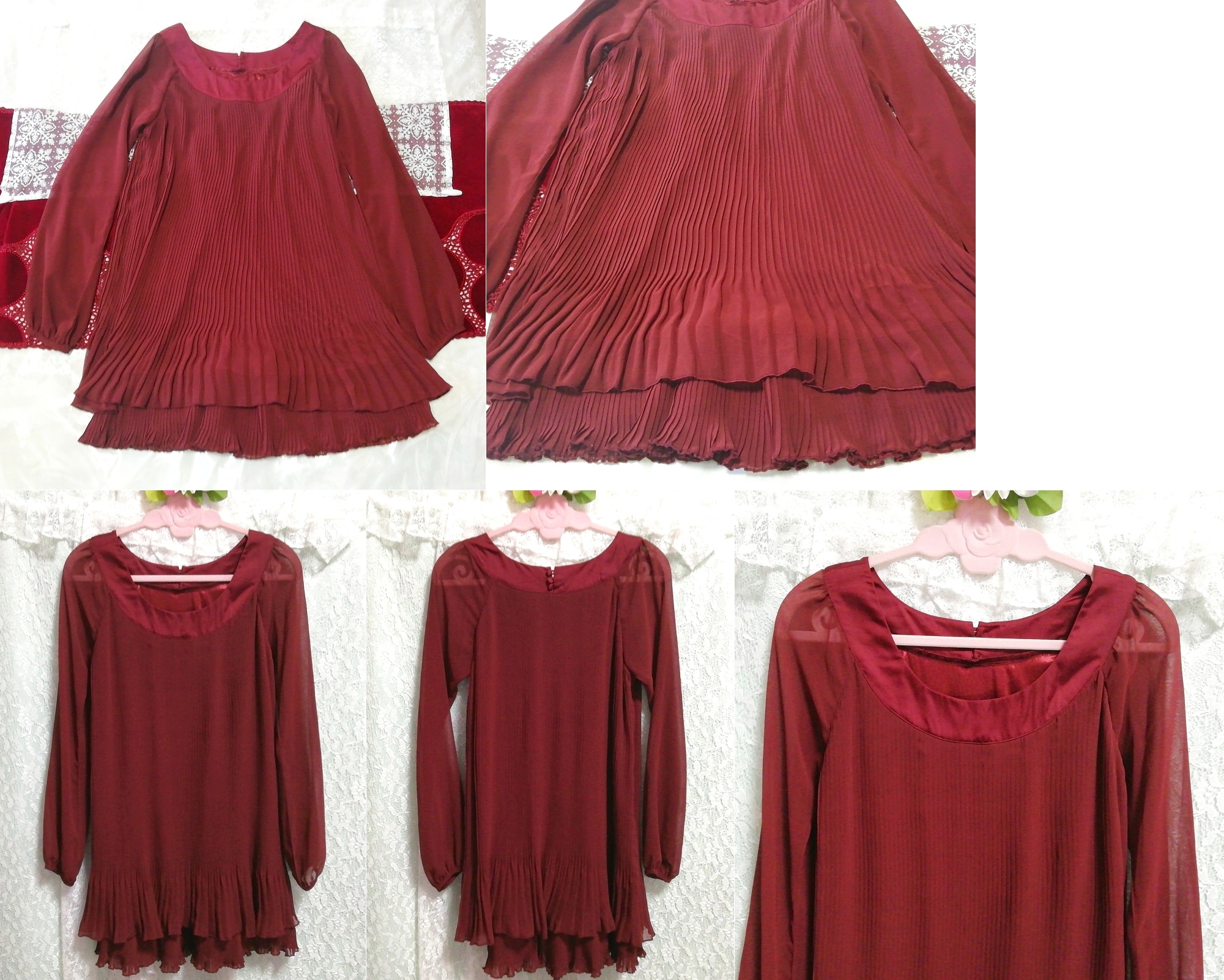 فستان نوم طويل الأكمام من الشيفون باللون الأحمر النبيذي الأحمر, سترة, كم طويل, حجم م