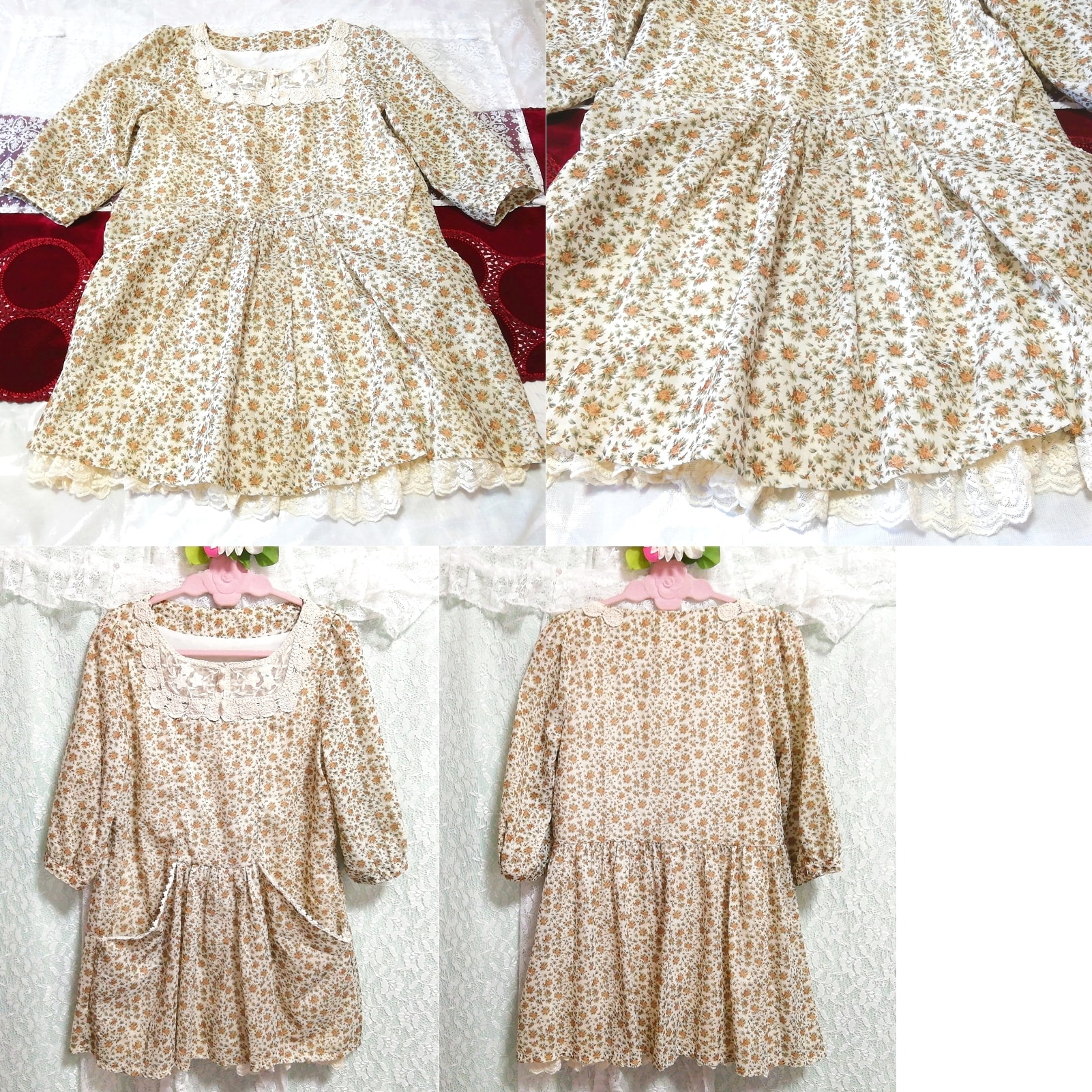 Sunflower pattern cotton white lace long sleeve tunic negligee nightgown dress, tunic, long sleeve, m size