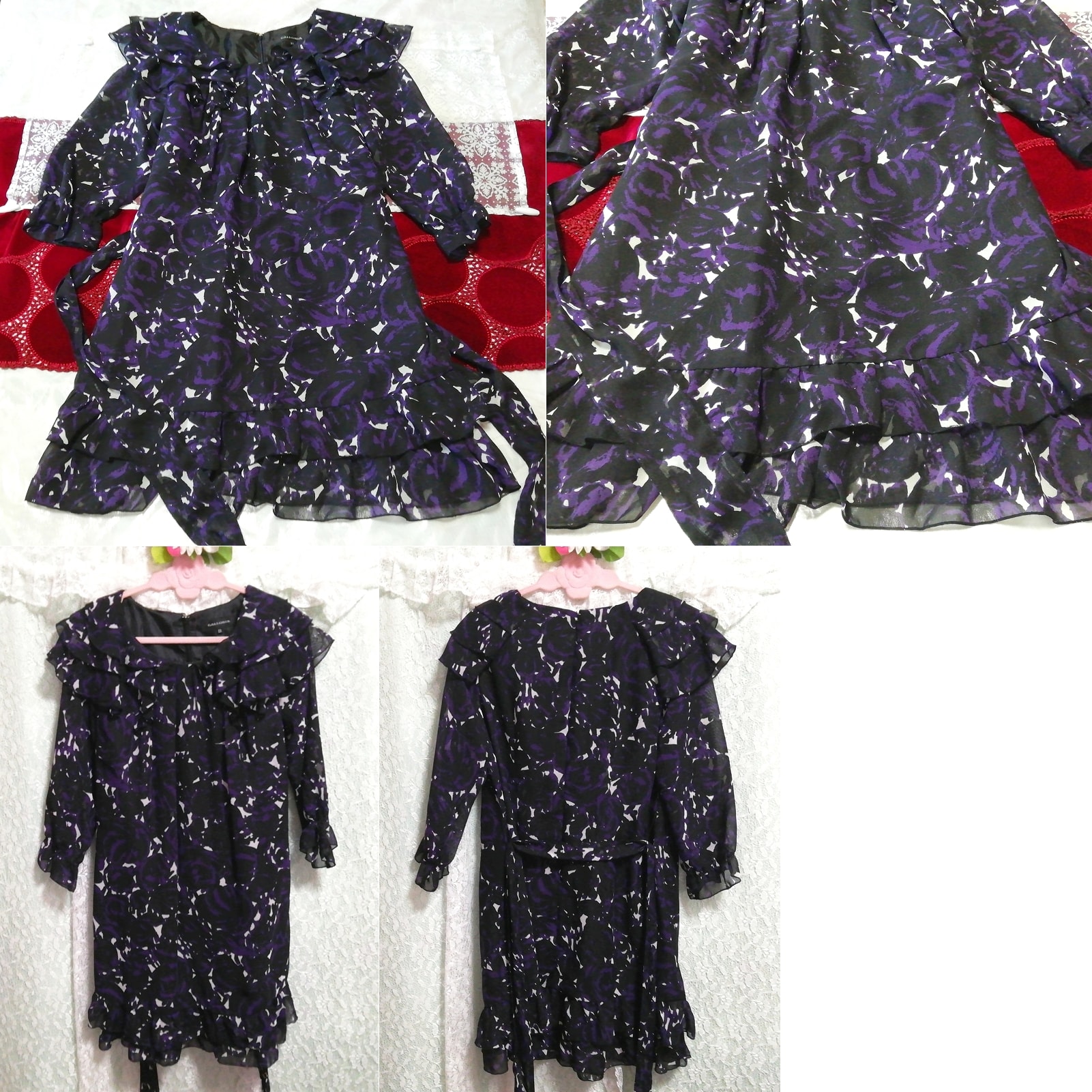 黑色紫色雪纺荷叶边长袖束腰睡衣连衣裙, 外衣, 长袖