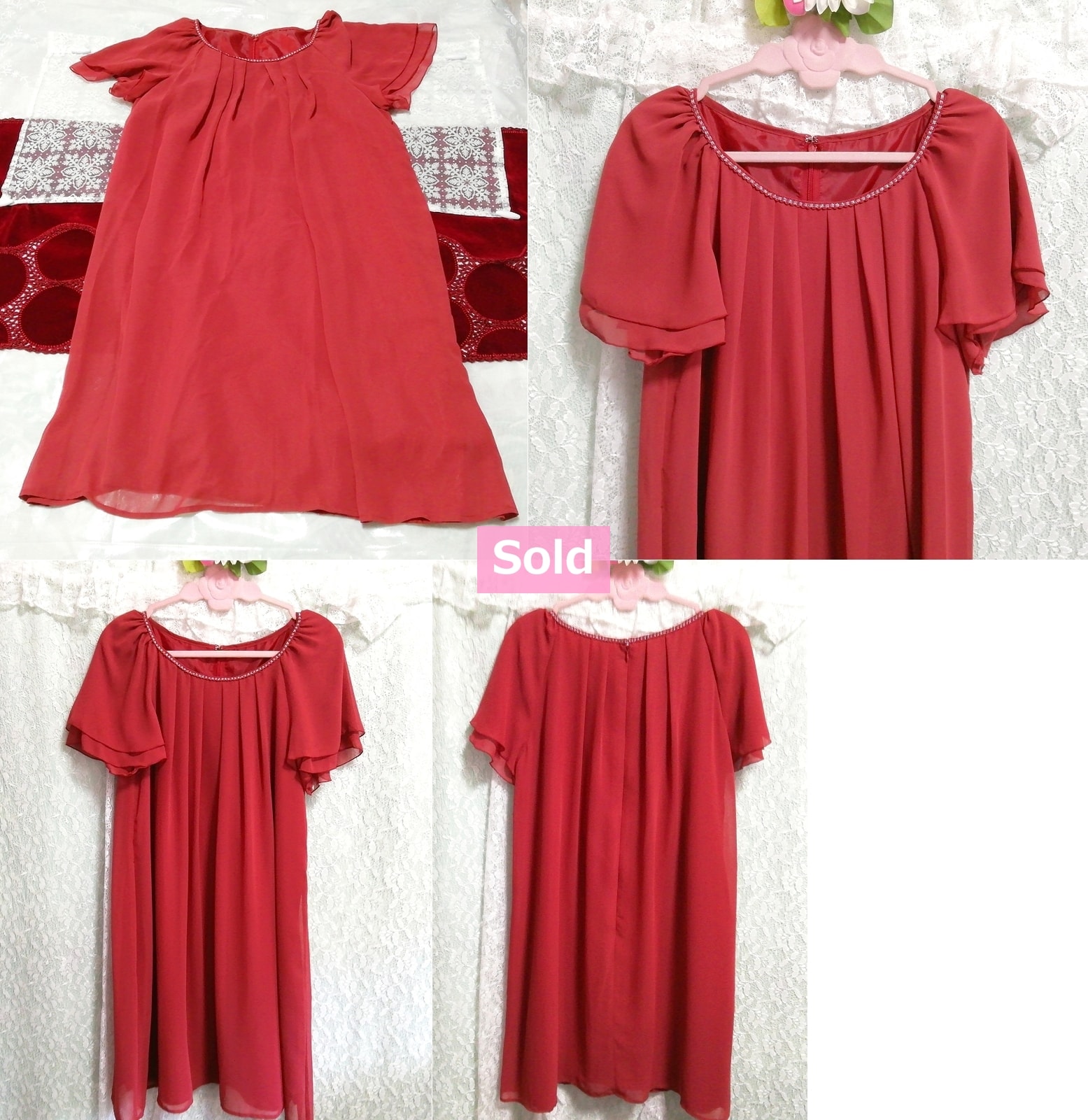 Red chiffon short sleeve long tunic negligee nightgown nightwear dress, tunic, short sleeve, l size