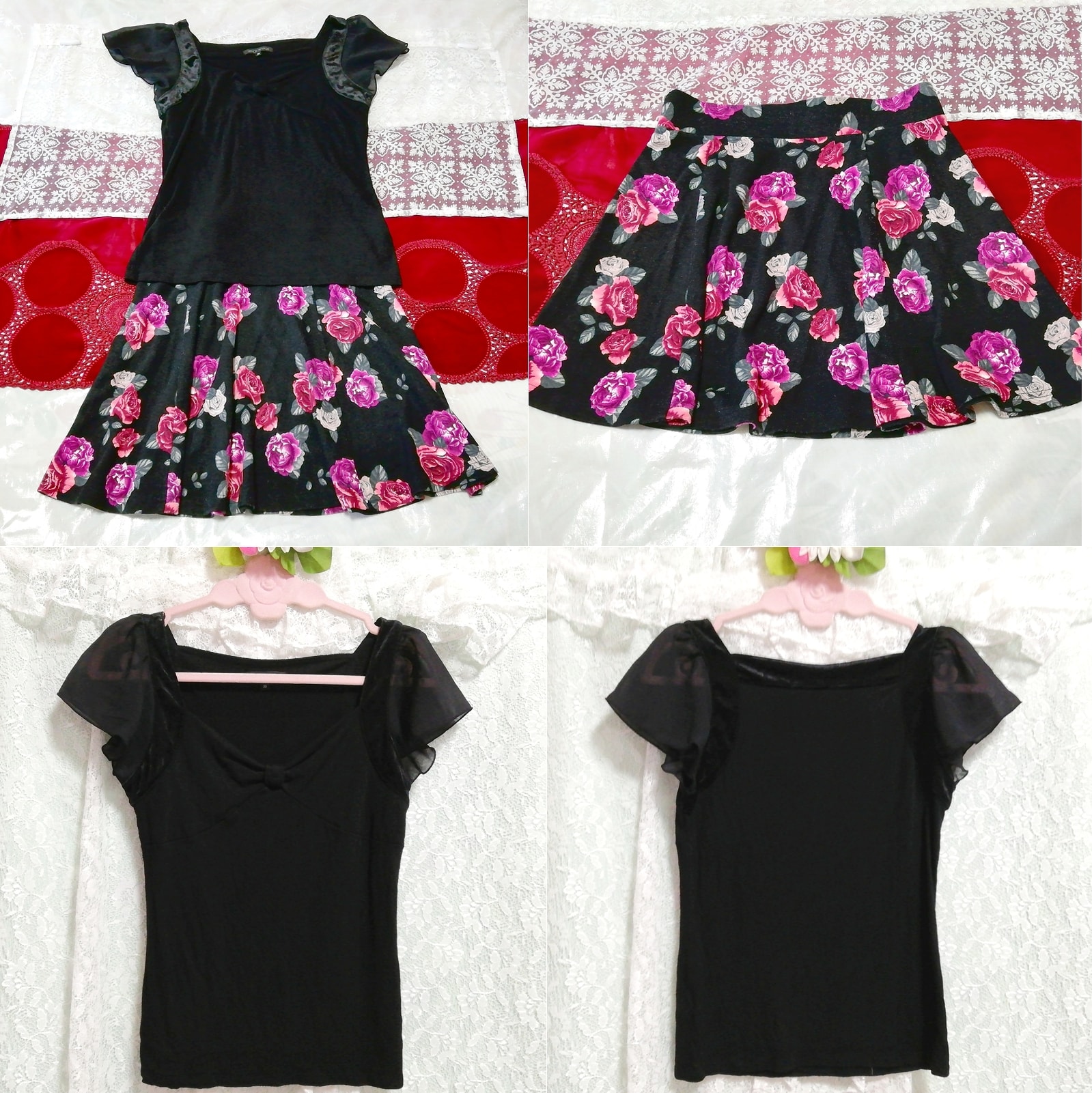 Black cut and sew tunic negligee nightgown black rose floral pattern miniskirt 2P, fashion, ladies' fashion, nightwear, pajamas