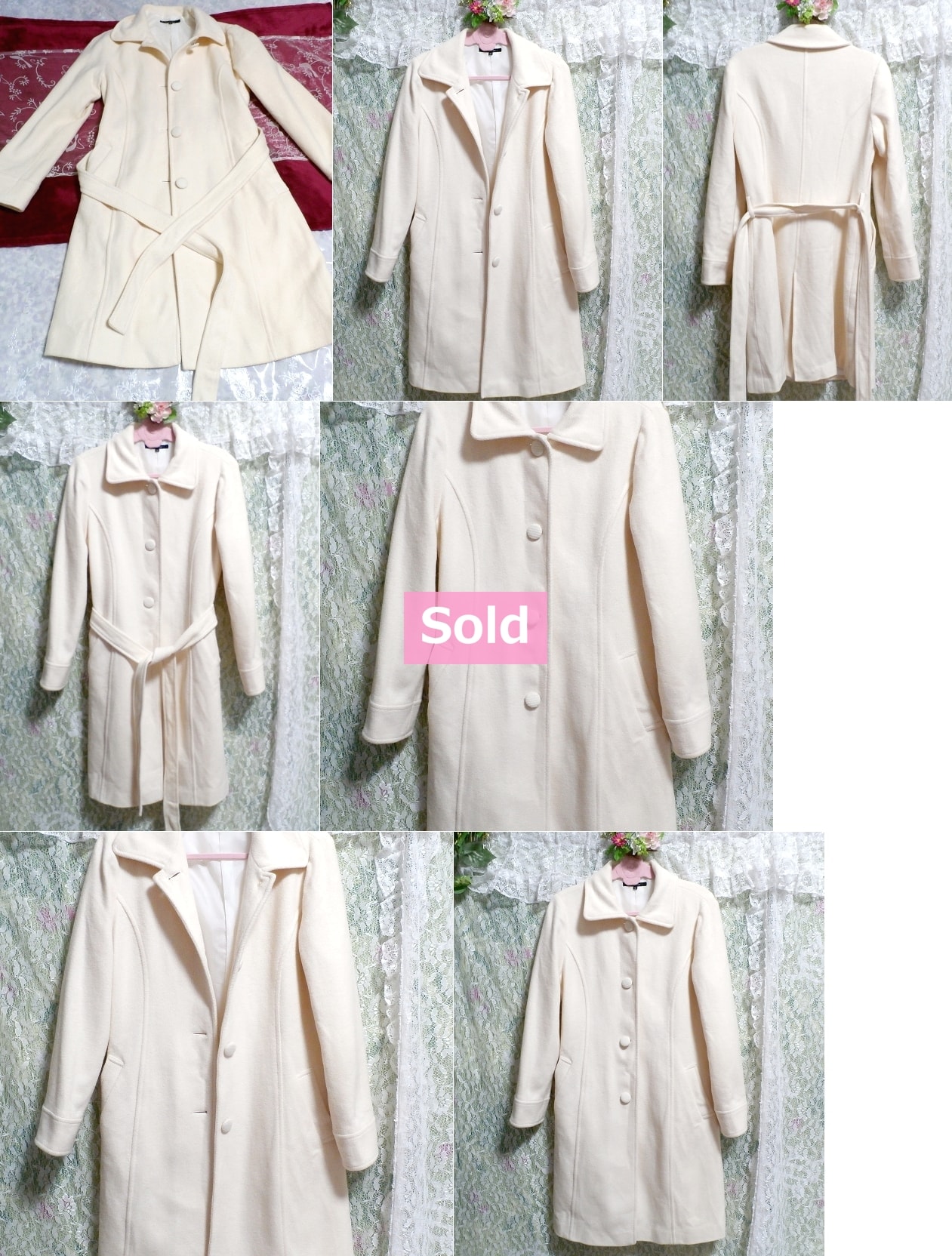 Floral white wool angola long coat / outer, coat & coat general & M size