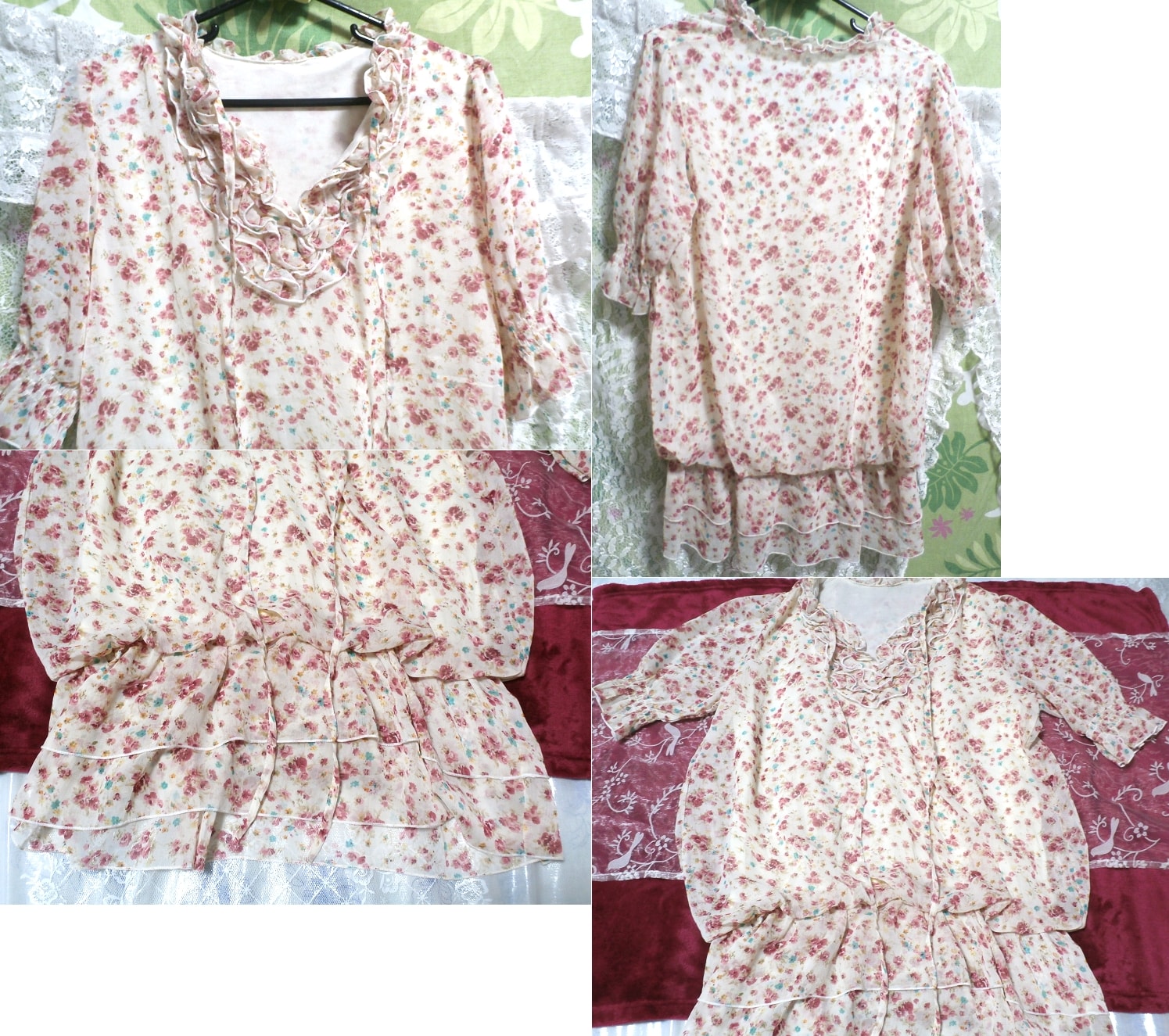 フリルネック花柄ネグリジェチュニックワンピース Frill neck flower pattern negligee tunic dress, チュニック, 半袖, Mサイズ