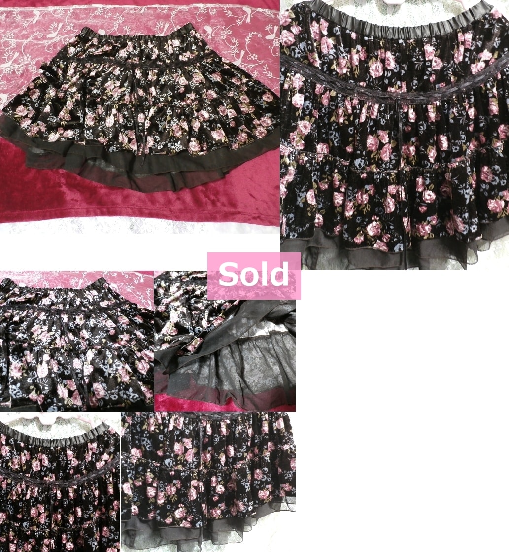 バラの花柄黒の光沢フレアミニスカート Rose flower pattern black luster flare mini skirt, ミニスカート&フレアースカート、ギャザースカート&Mサイズ
