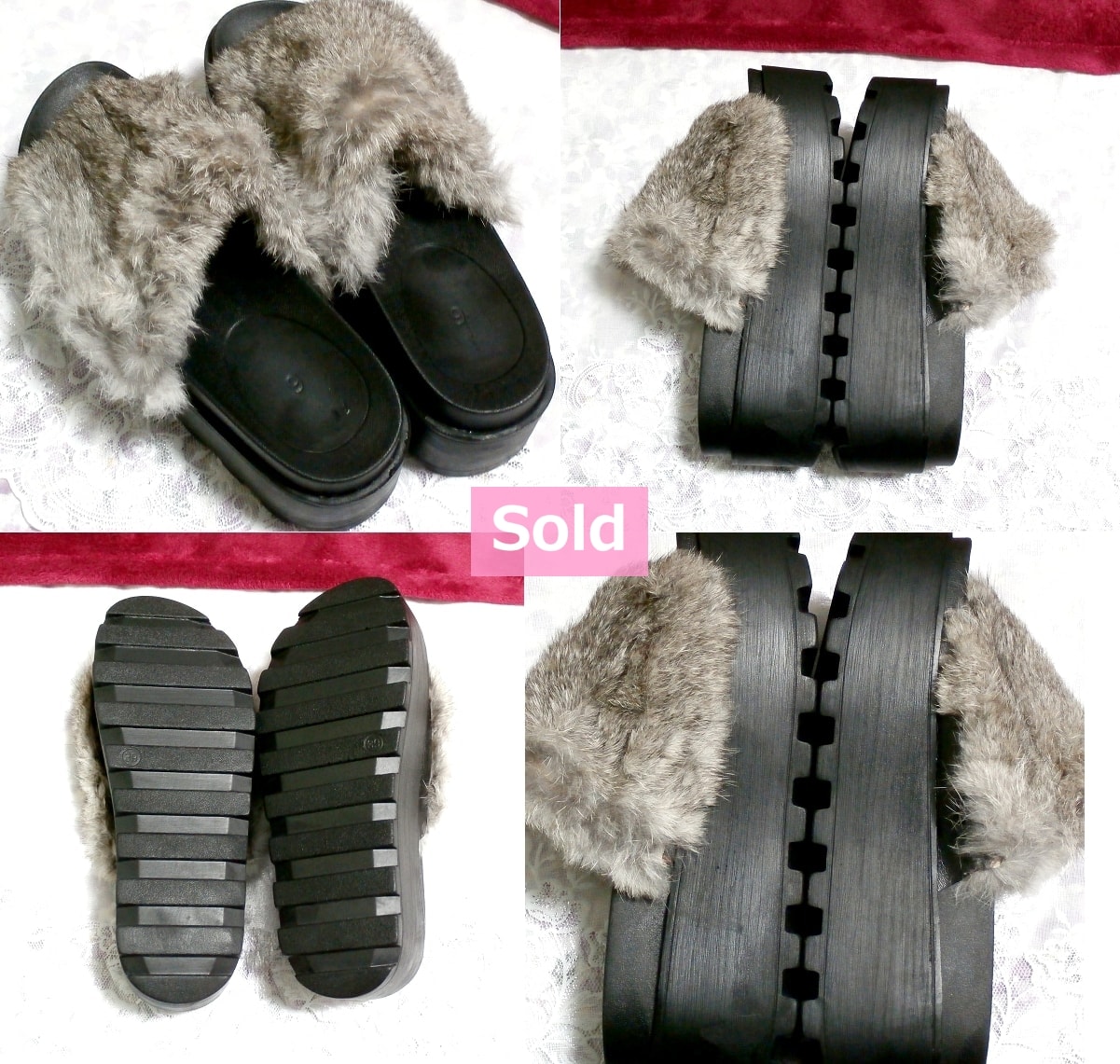 Graue Pelz Damenschuhe / Sandalen mit dickem Boden, auch für Damenschuhe / Sandalen mit grauem Fell und dickem Boden
