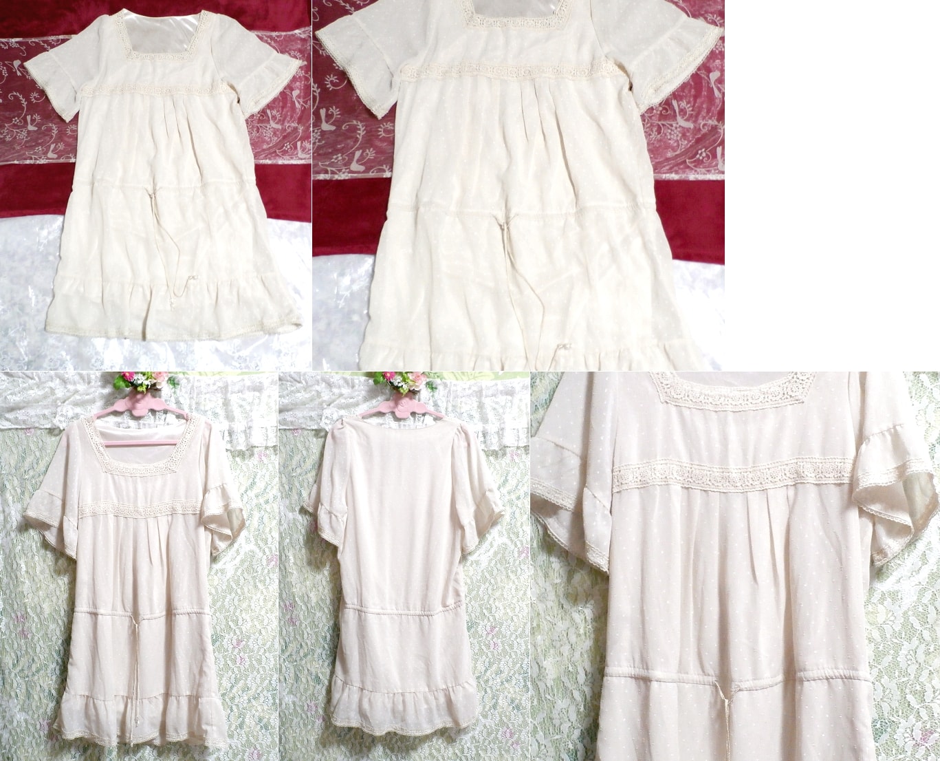 白フローラルホワイトシフォンネグリジェチュニックワンピース White floral white chiffon negligee tunic dress, チュニック, 半袖, Mサイズ