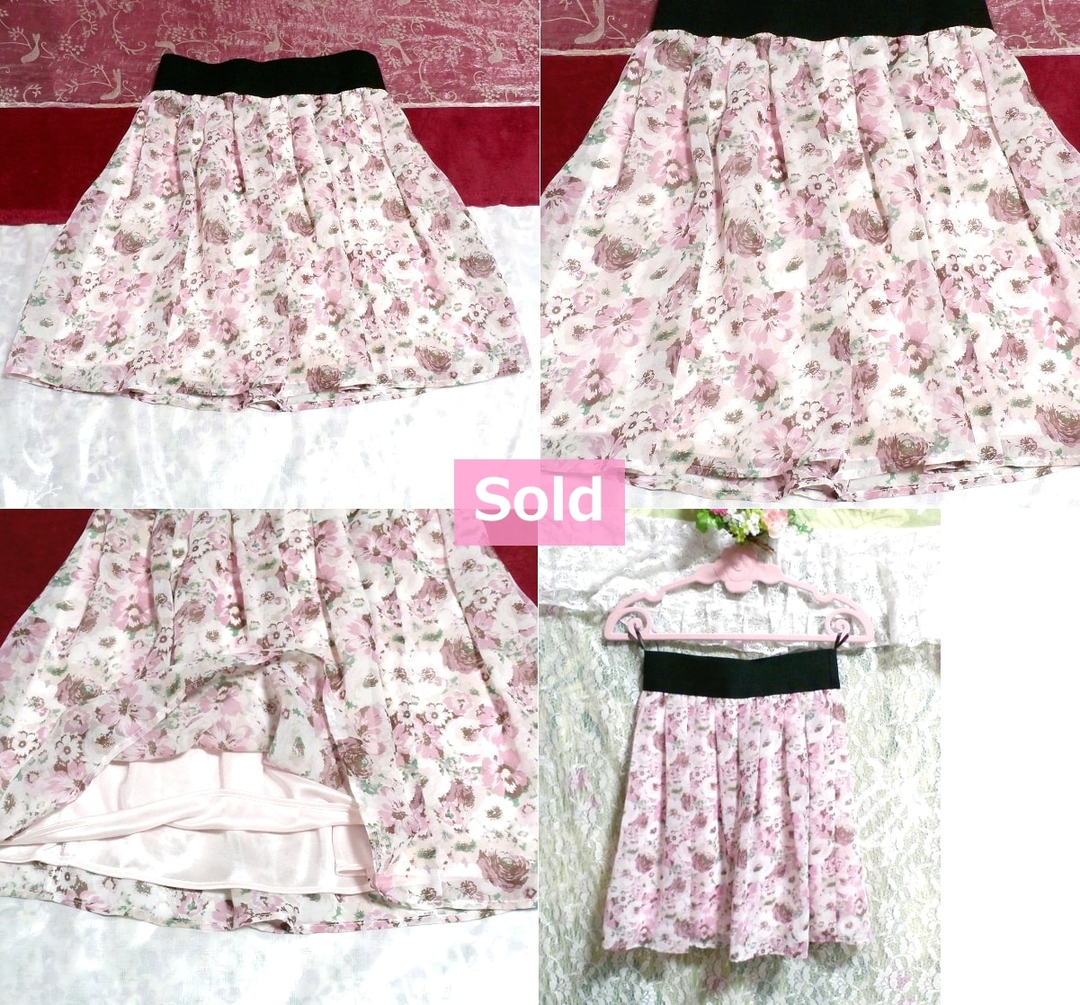 黒ウエストピンクと白ホワイト花柄シフォンフレアミニスカート Black waist pink and white floral pattern chiffon flare mini skirt