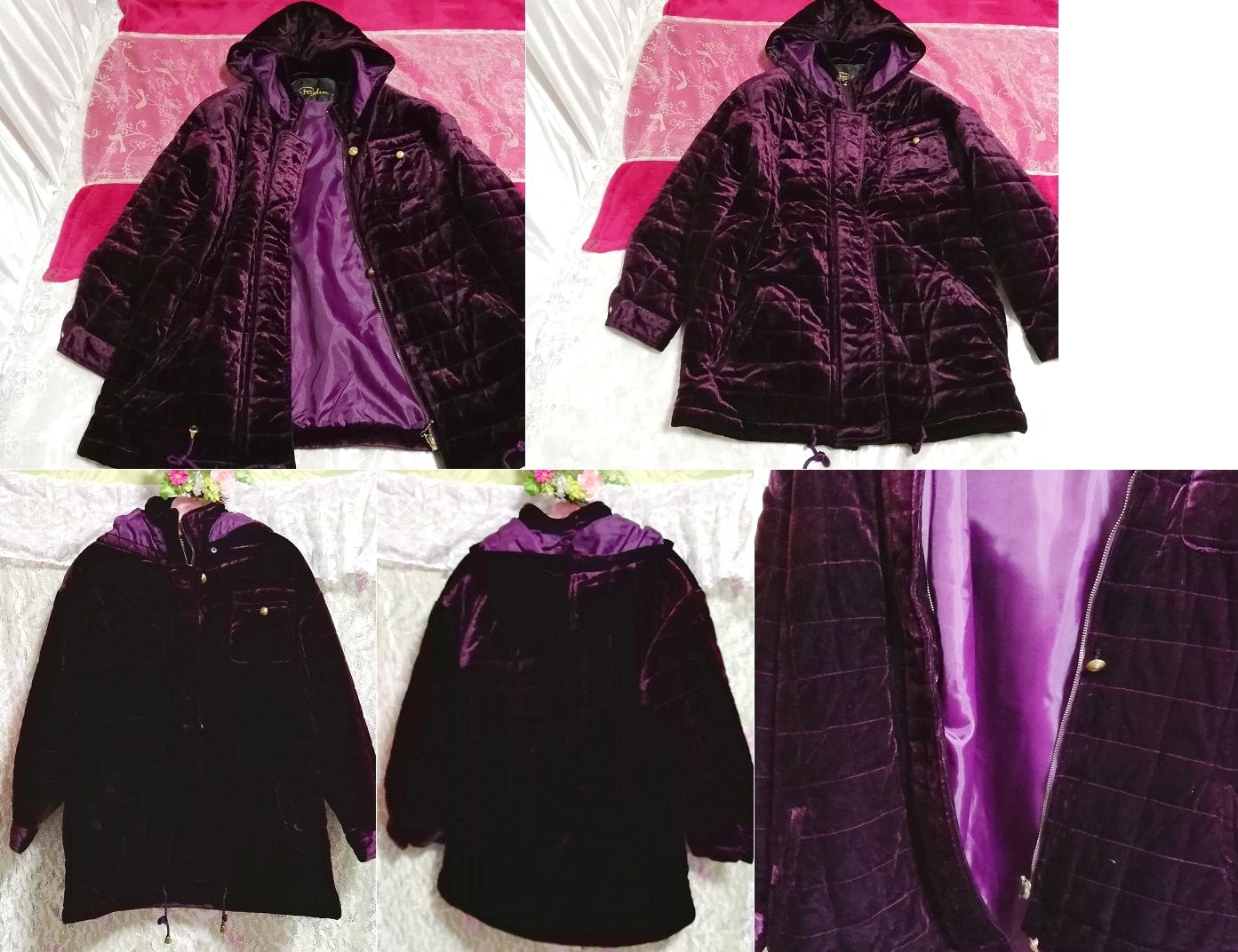 紫パープル光沢ベロアロングフードダウンコート/外套/アウター Purple luster velour long hood down coat mantle, コート, ダウンコート, Mサイズ