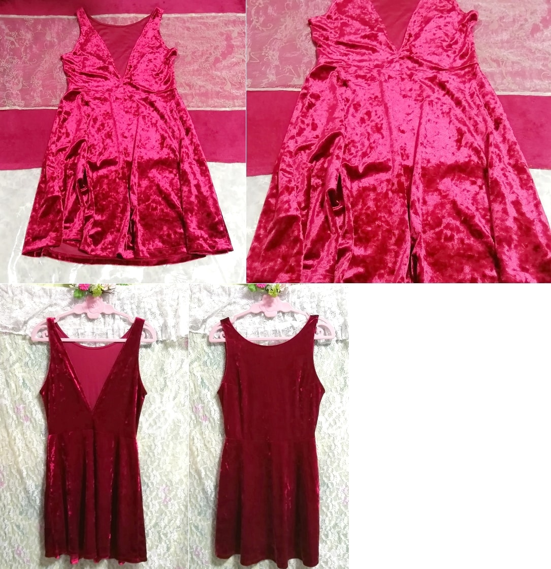 赤紫ベロアVネックネグリジェノースリーブワンピース Red purple velour V neck negligee sleeveless skirt dress, ワンピース, ひざ丈スカート, Mサイズ