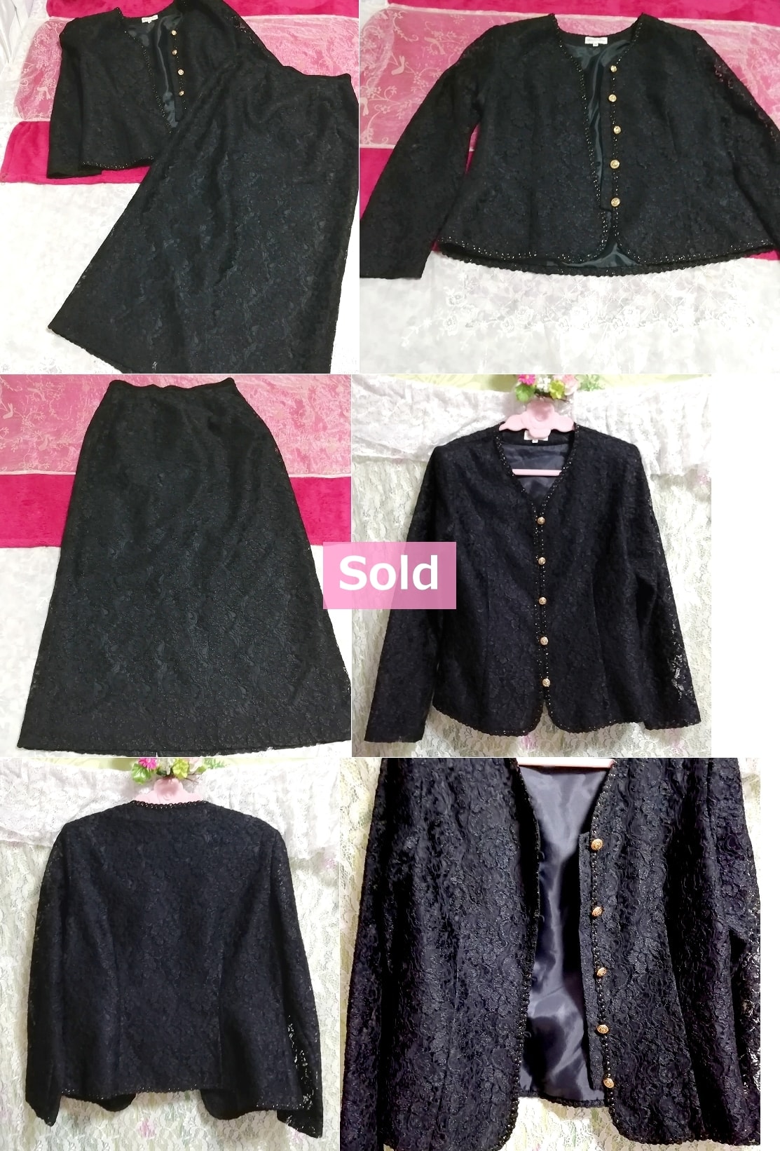 黒ブラックレースジャケットスカート2ピーススーツセット Black lace jacket skirt 2 piece suit set