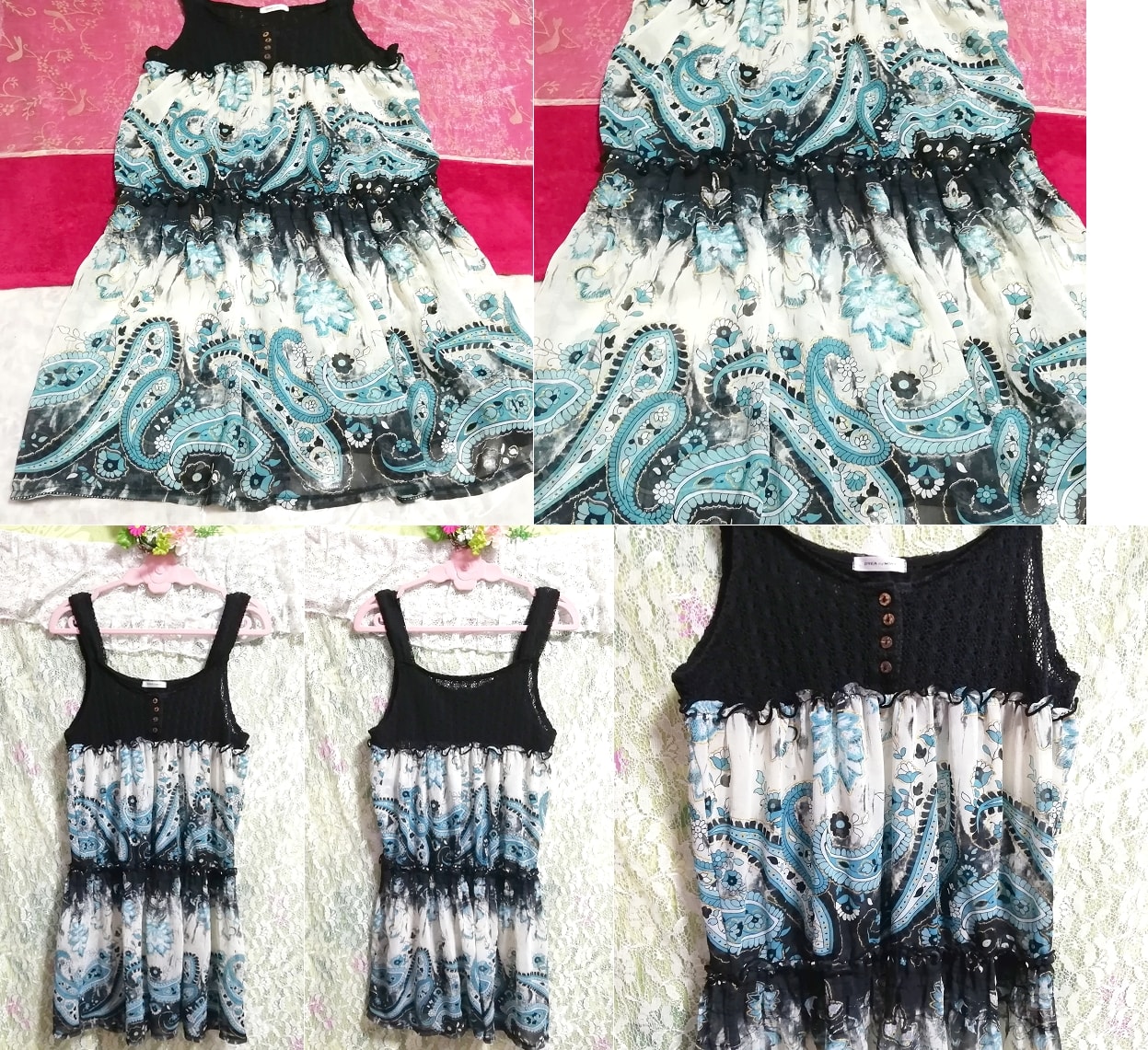 Black knit blue ethnic pattern skirt sleeveless negligee nightgown tunic dress, tunic, sleeveless, sleeveless, m size