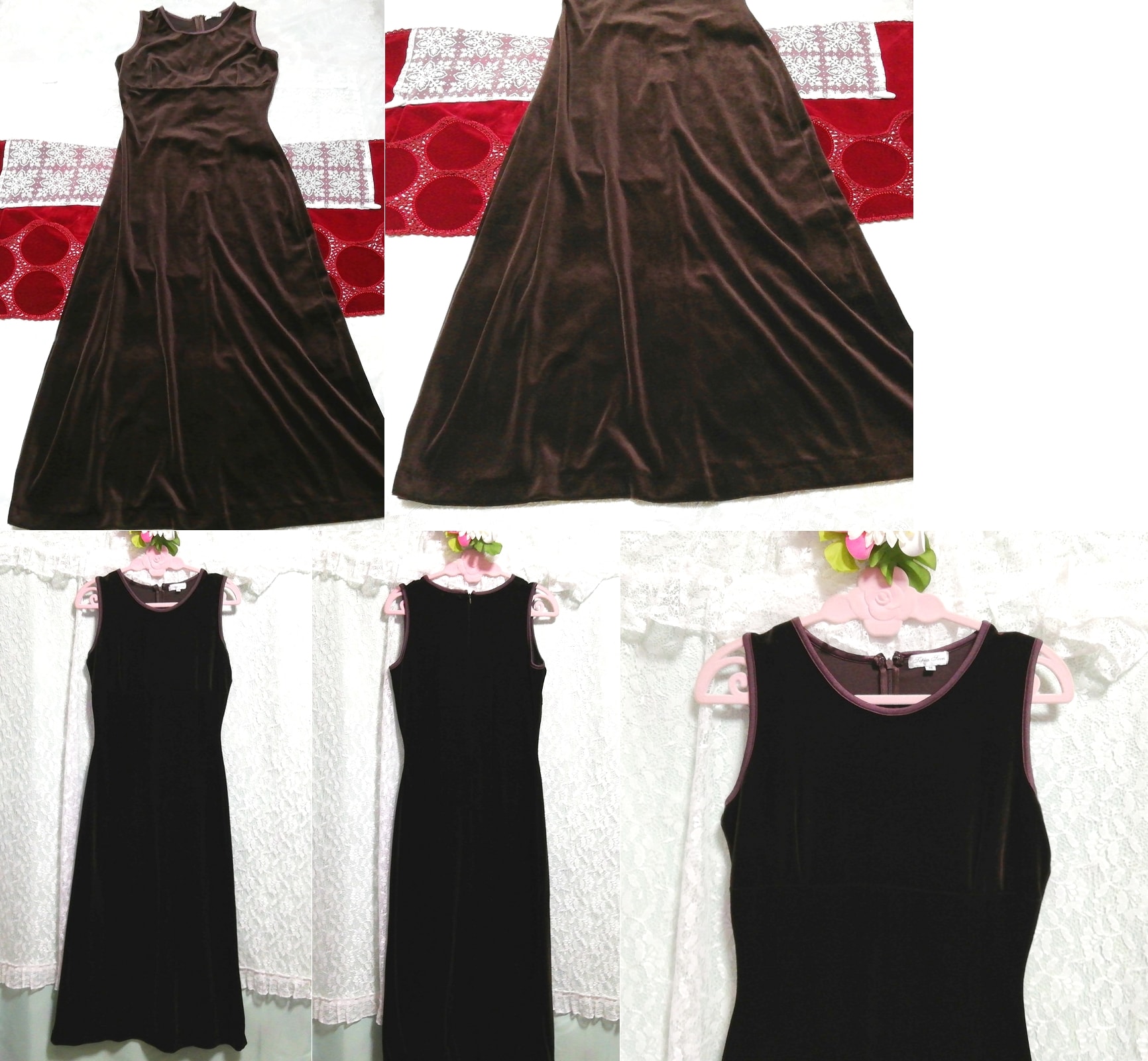 茶色ブラウンノースリーブマキシスカートネグリジェワンピース Brown sleeveless maxi skirt negligee dress, チュニック, 袖なし、ノースリーブ, Mサイズ