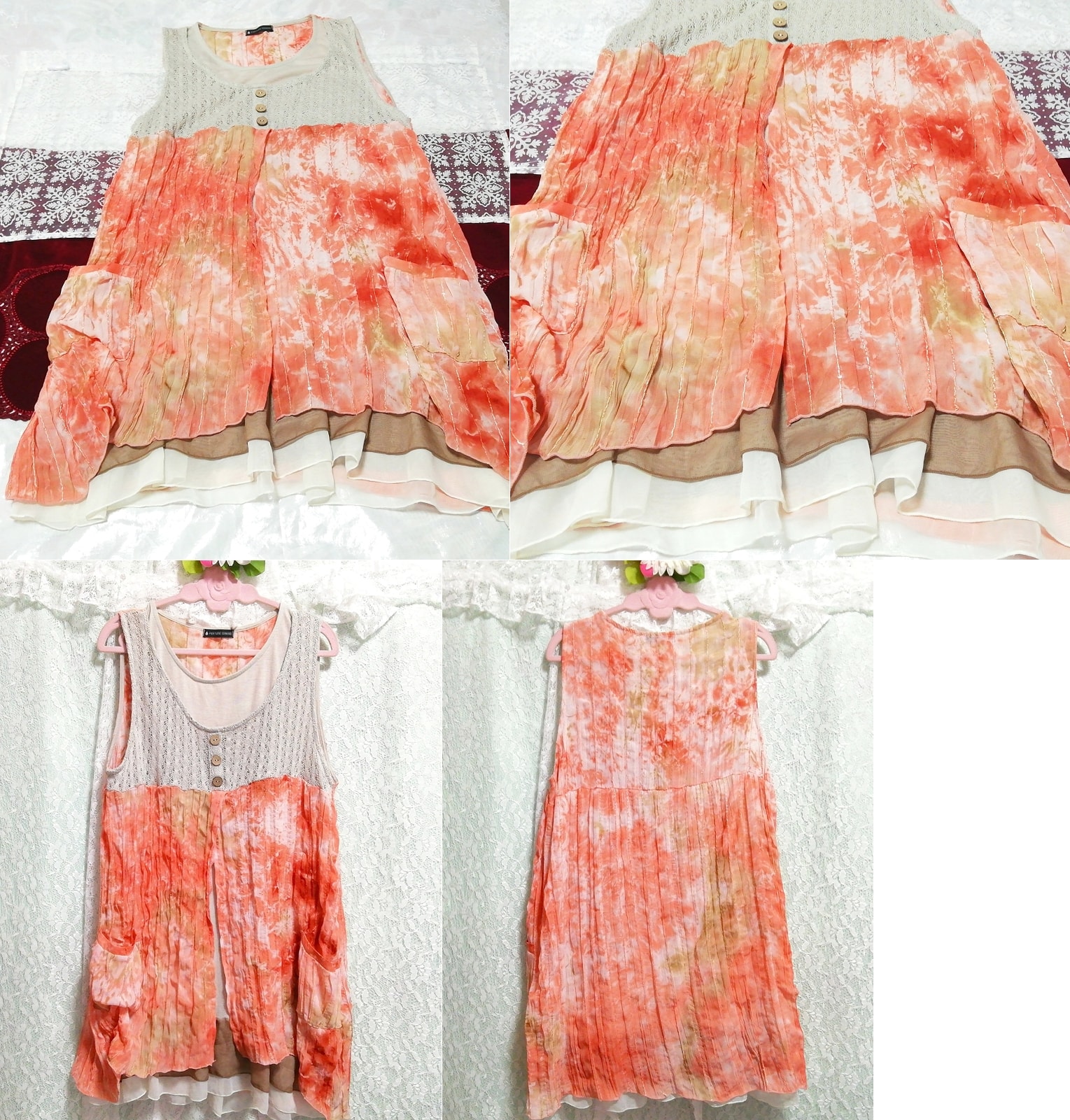 Orange gray lace knit chiffon sleeveless negligee nightgown dress, knee length skirt, xl size and above
