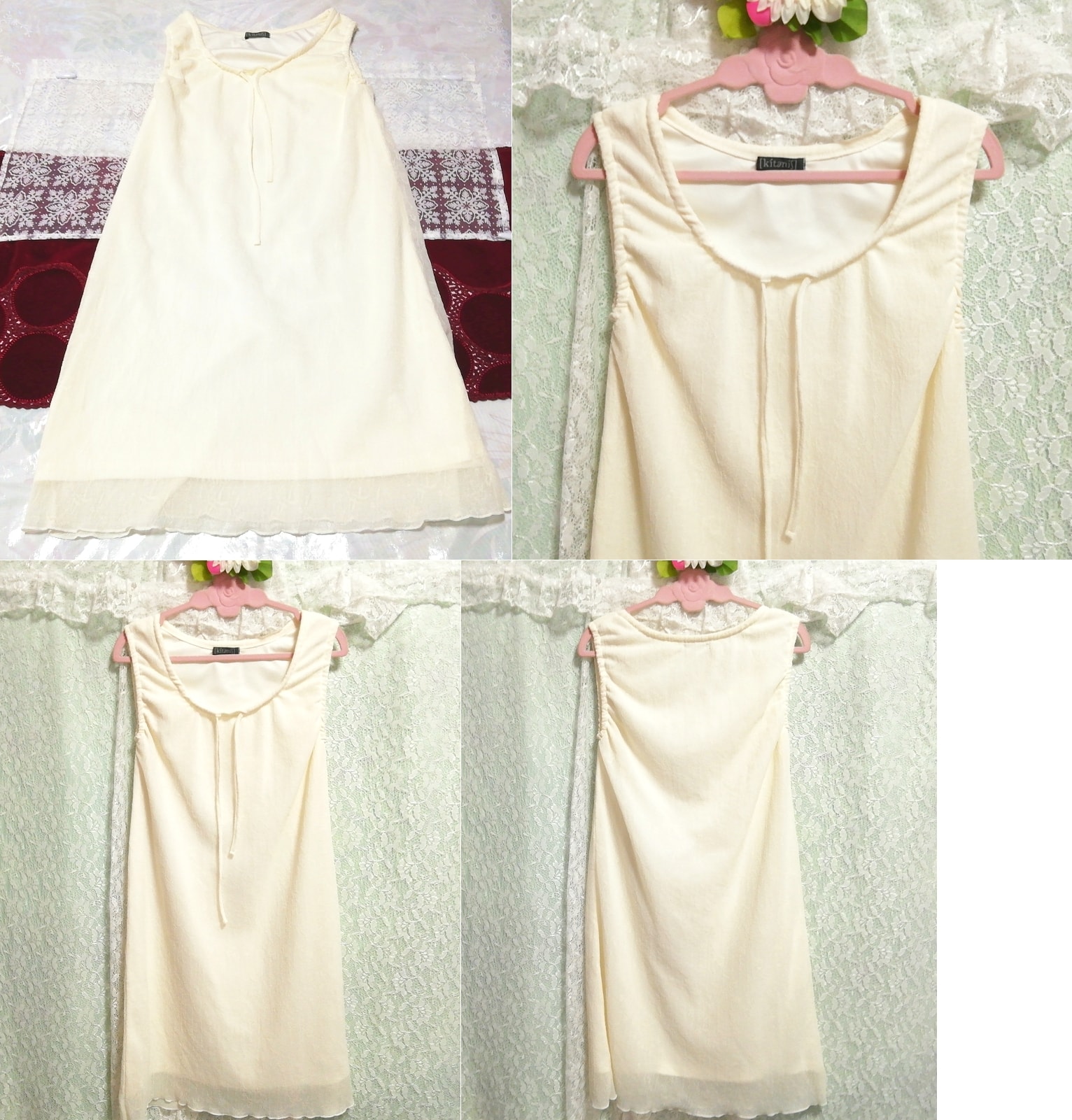 فستان نوم من الدانتيل الأبيض بدون أكمام من الدانتيل الزهري, تنورة بطول الركبة, حجم م