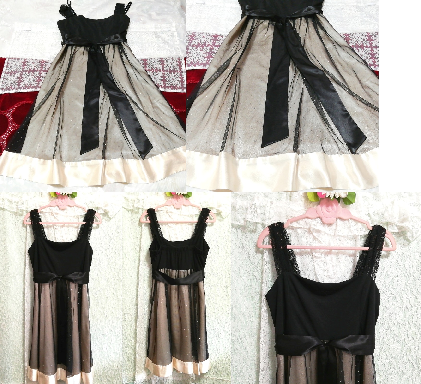 블랙 레이스 플로럴 화이트 새틴 네글리제 나이트가운 민소매 원피스 드레스, 패션, 숙녀 패션, 잠옷, 잠옷