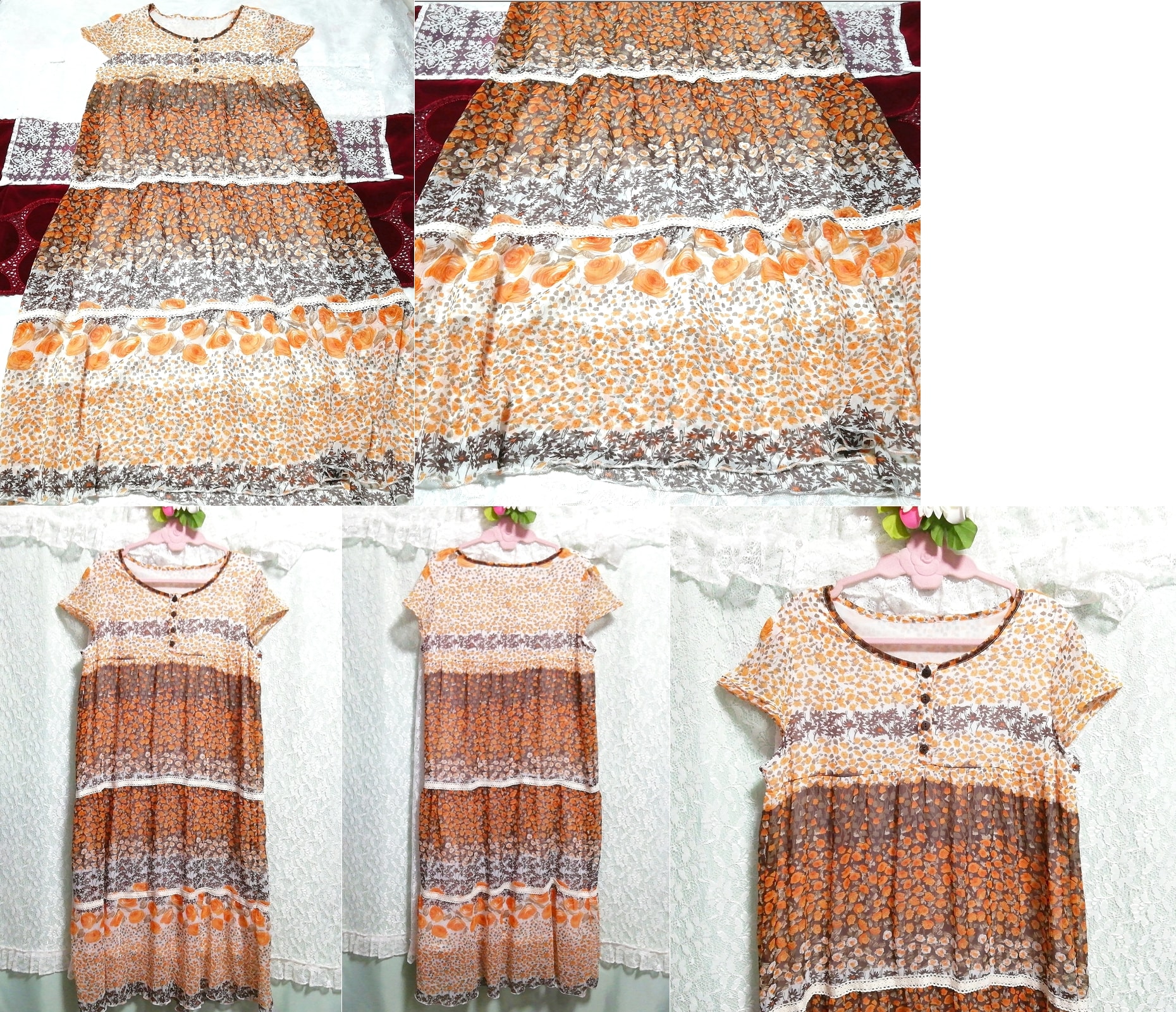 Orange brown floral pattern chiffon short sleeve long tunic negligee nightgown dress, tunic, short sleeve, m size