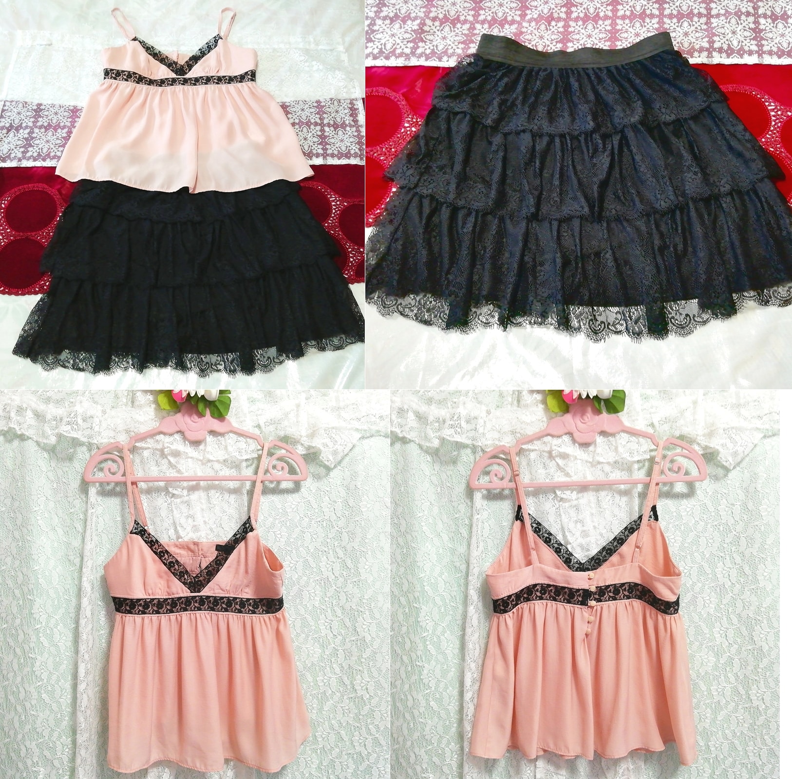 Rosa-schwarzes Spitzen-Negligé-Nachthemd, schwarzer Spitzen-Rüschenrock, 2 Stück, Mode, Frauenmode, Nachtwäsche, Pyjama