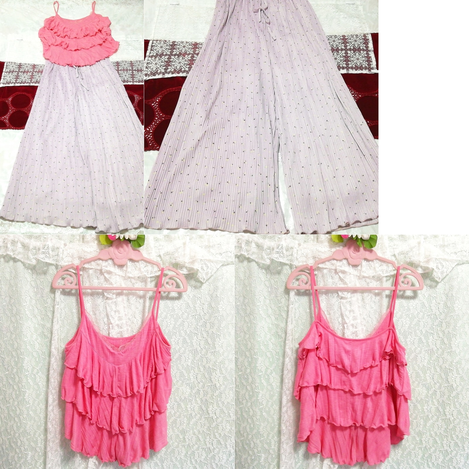 핑크 프릴 캐미솔 네글리제 나이트가운 나이트웨어 퍼플 꽃무늬 맥시 스커트 2P, 패션, 숙녀 패션, 잠옷, 잠옷