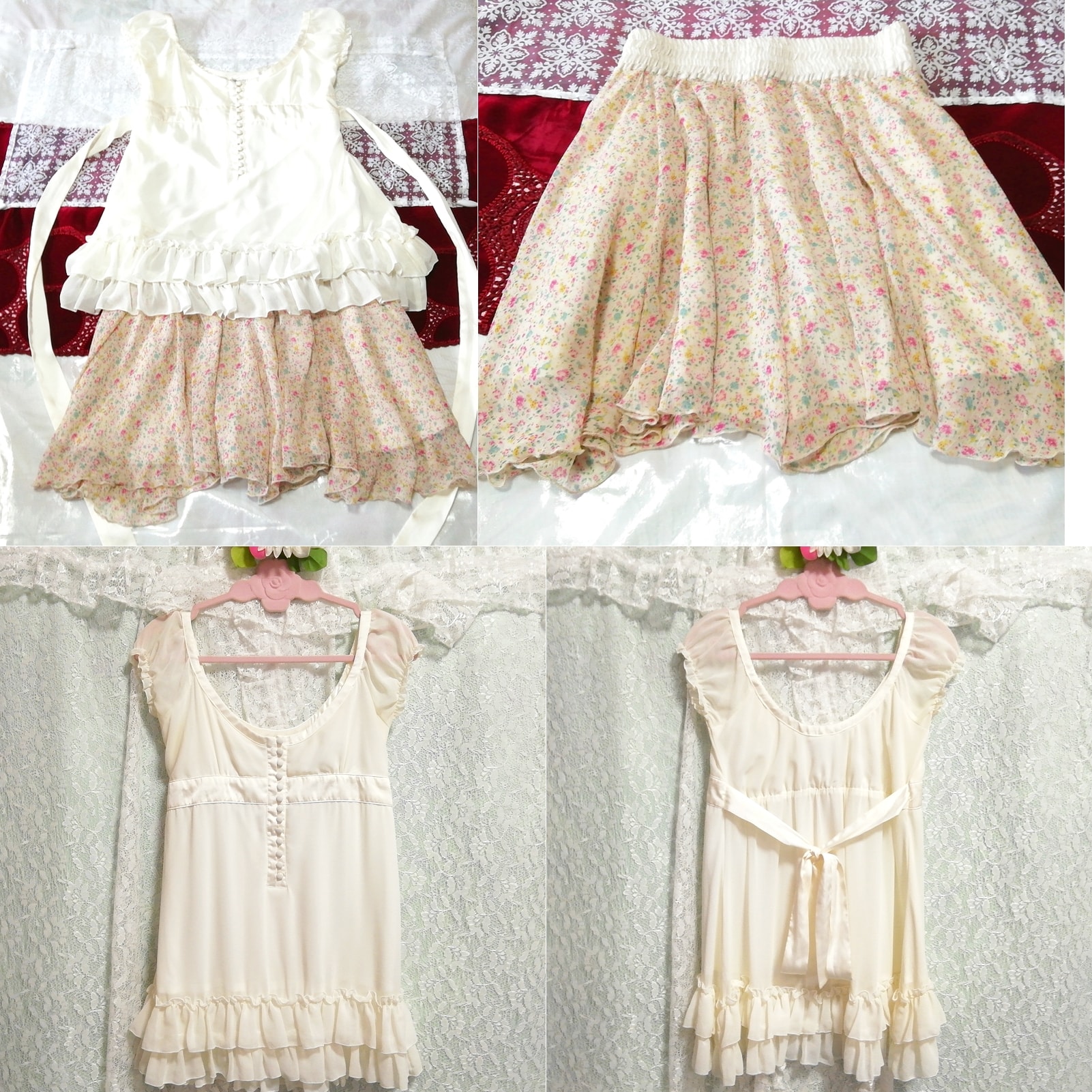 White chiffon sleeveless tunic negligee nightgown floral pattern chiffon skirt 2P, fashion, ladies' fashion, nightwear, pajamas