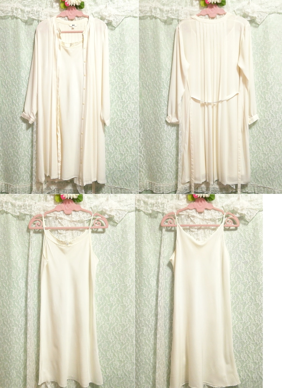 Floral white plain chiffon haori gown negligee nightgown camisole dress 2P, fashion, ladies' fashion, nightwear, pajamas