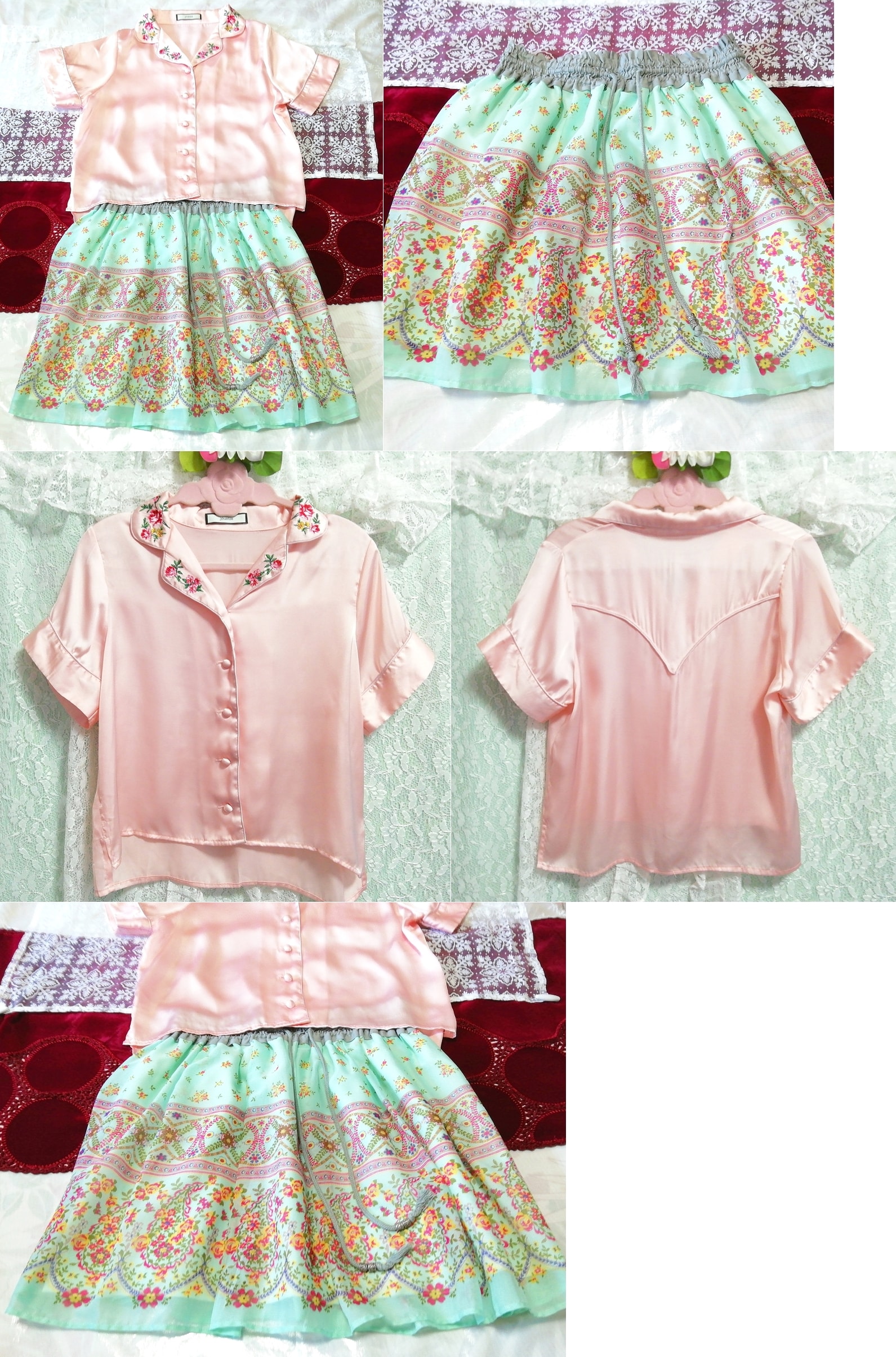 Pink satin shirt flower embroidery tunic negligee nightgown green ethnic pattern skirt 2P, fashion, ladies' fashion, nightwear, pajamas
