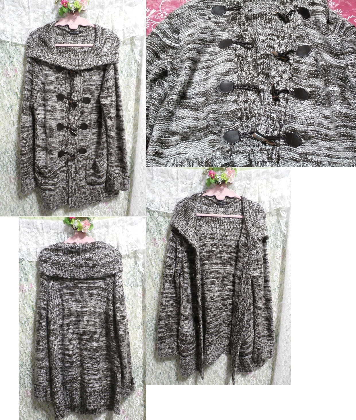 Hooded gray black and white striped seashell button hand-knitted long cardigan haori, ladies' fashion, cardigan, xl size and above