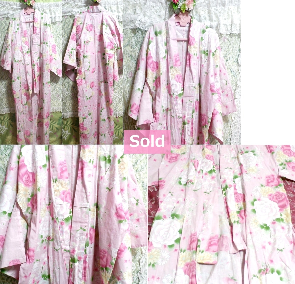 Pink pink rose floral print yukata / kimono Peach color pink rose floral print yukata / kimono, women's kimono, kimono & yukata & others