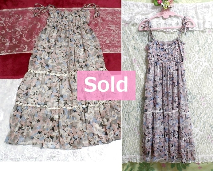 Gray blue pink light floral pattern camisole maxi one piece, dress & long skirt & M size