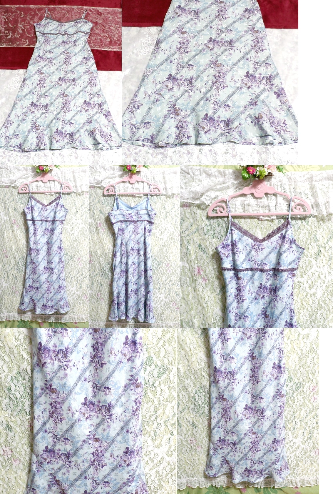 하늘색과 보라색 꽃무늬 네글리제 나이트가운 캐미솔 드레스 스커트, 무릎길이 스커트, m 사이즈