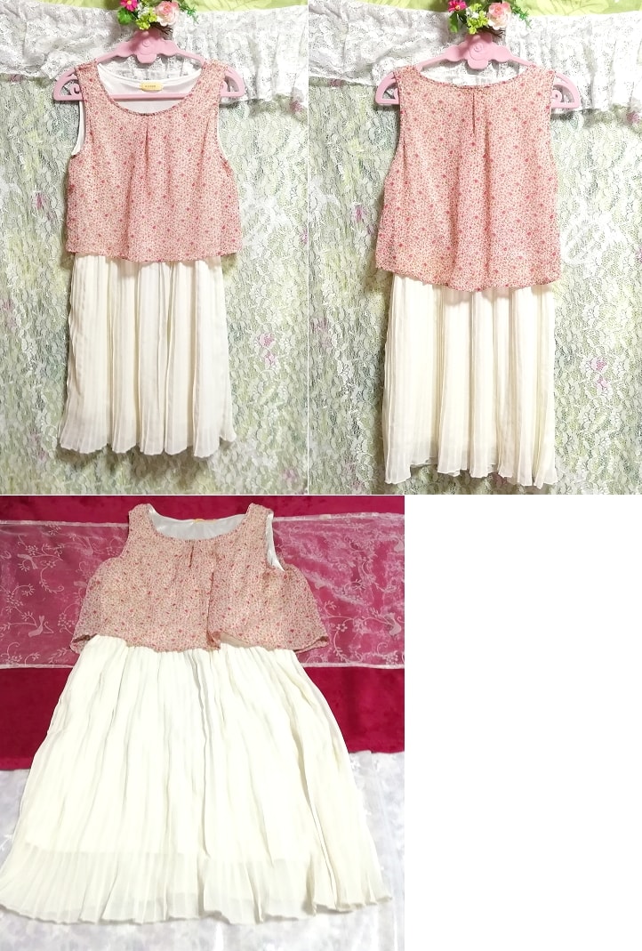 ピンク花柄トップス白チュールスカートシフォンネグリジェミニスカートワンピース Pink floral pattern white skirt negligee dress, ワンピース, ミニスカート, Mサイズ