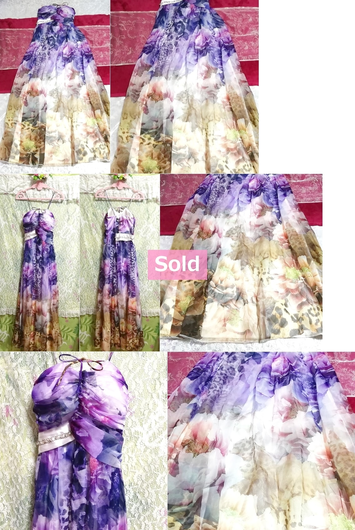 豪華紫パープル花柄シフォンキャミソールマキシロングドレスワンピース Purple flower pattern chiffon camisole maxi long dress/onepiece