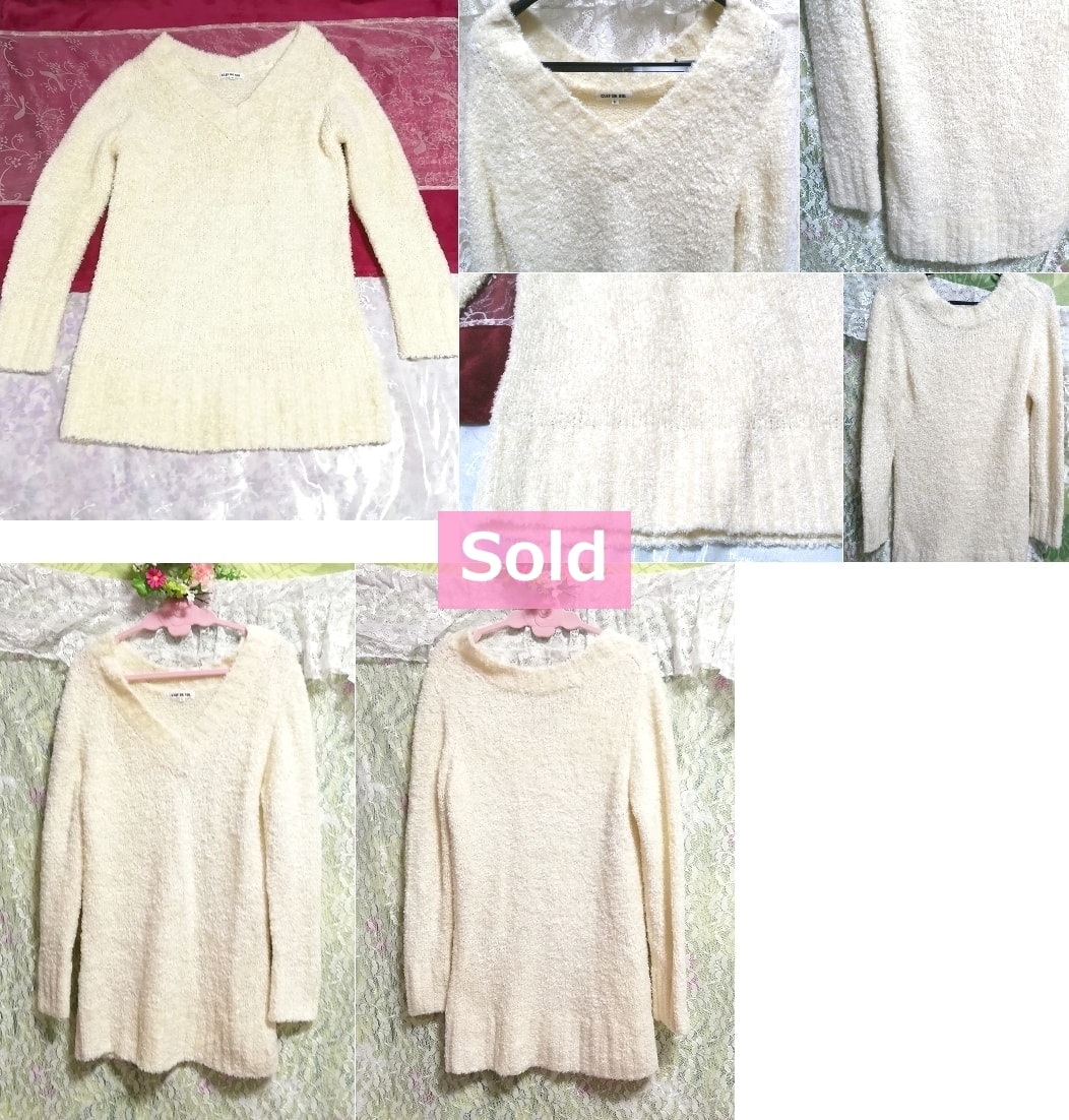 白色フローラルホワイトVネックロング/セーター/ニット/トップス Floral white V neck long/sweater/knit/tops