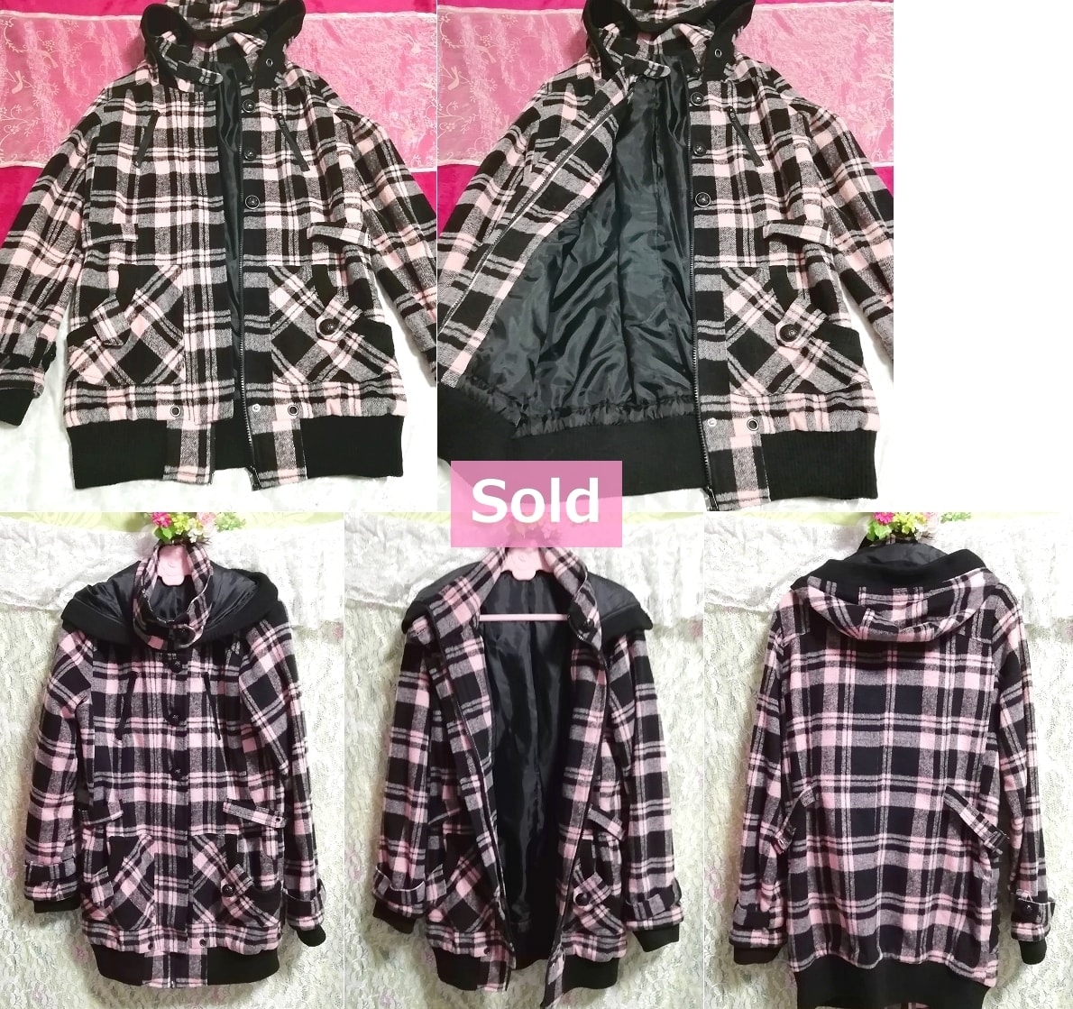 黒ピンクチェック柄フードコートカーディガン/外套/アウター Black pink check pattern hood coat cardigan mantle