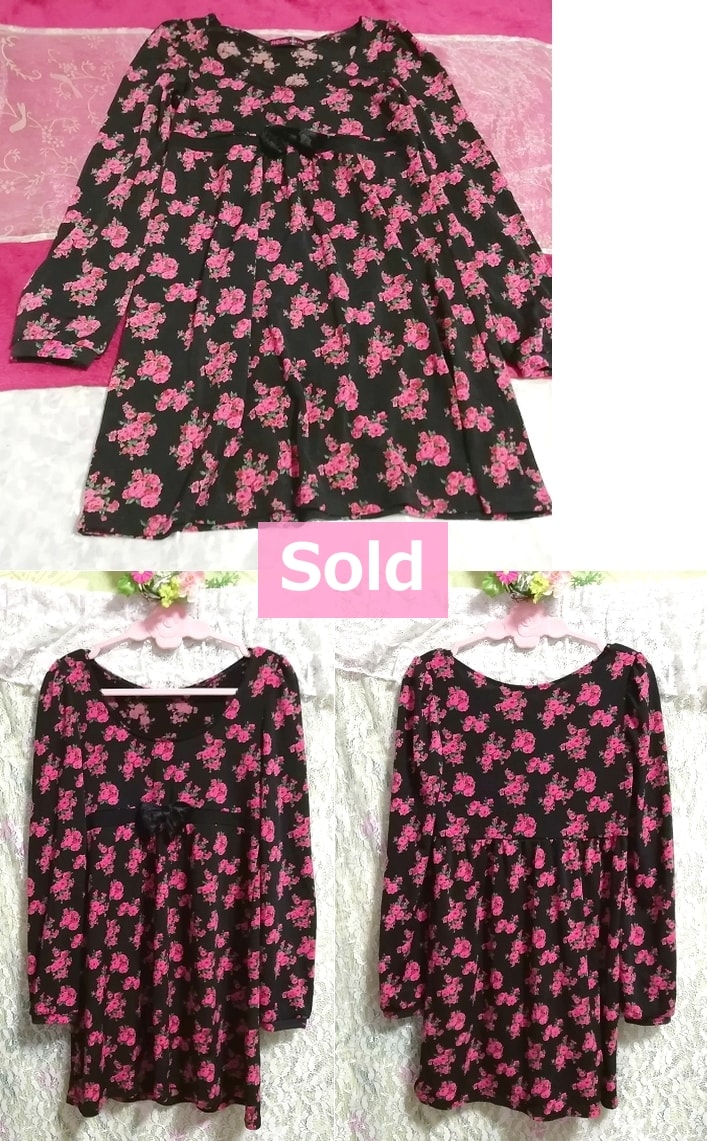 ROSE FANFAN Black pink ribbon floral long sleeve tunic one piece, tunic & long sleeve & M size