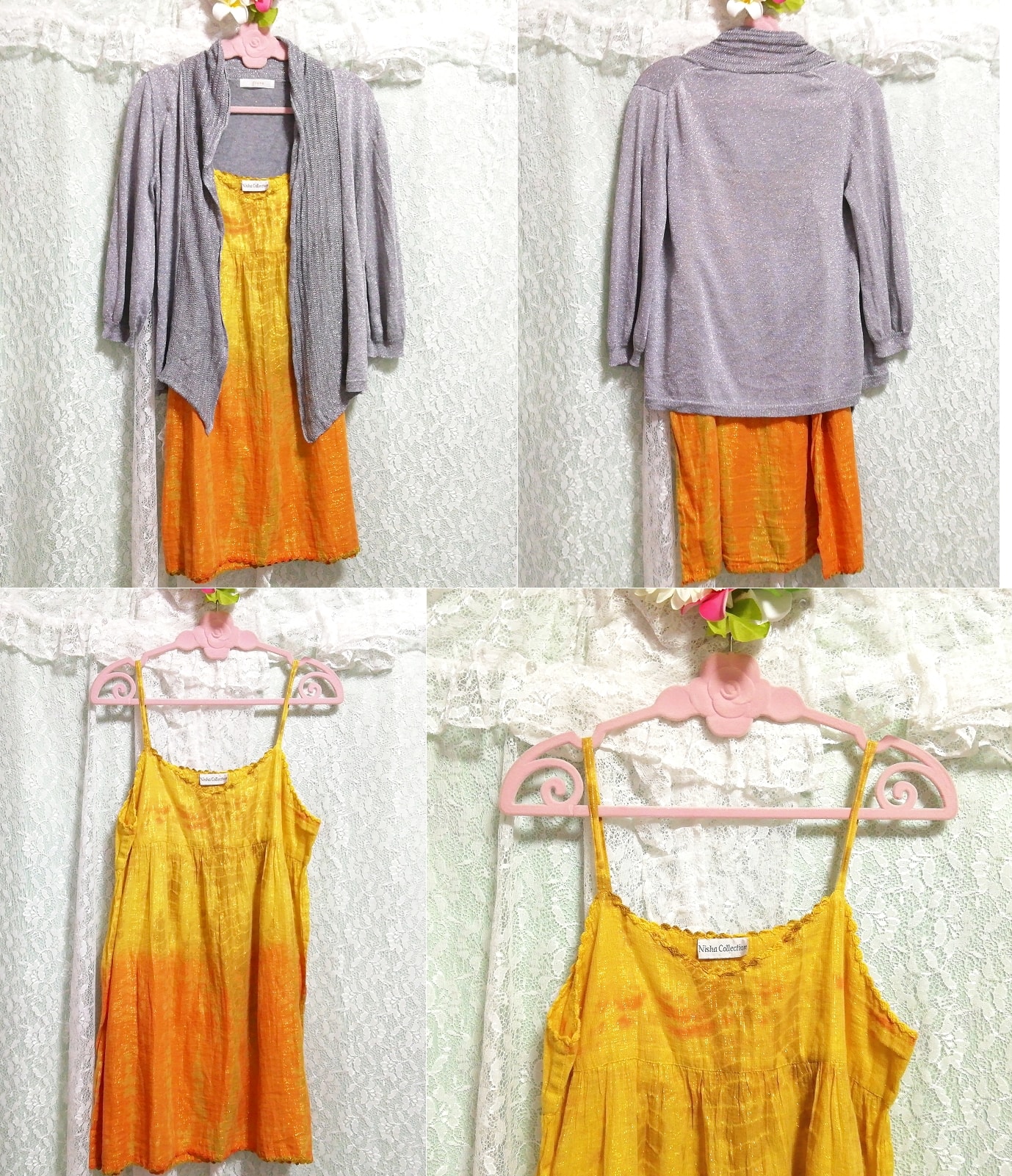 Colorful negligee nightgown gray lame gown yellow camisole babydoll dress 2P, fashion, ladies' fashion, camisole