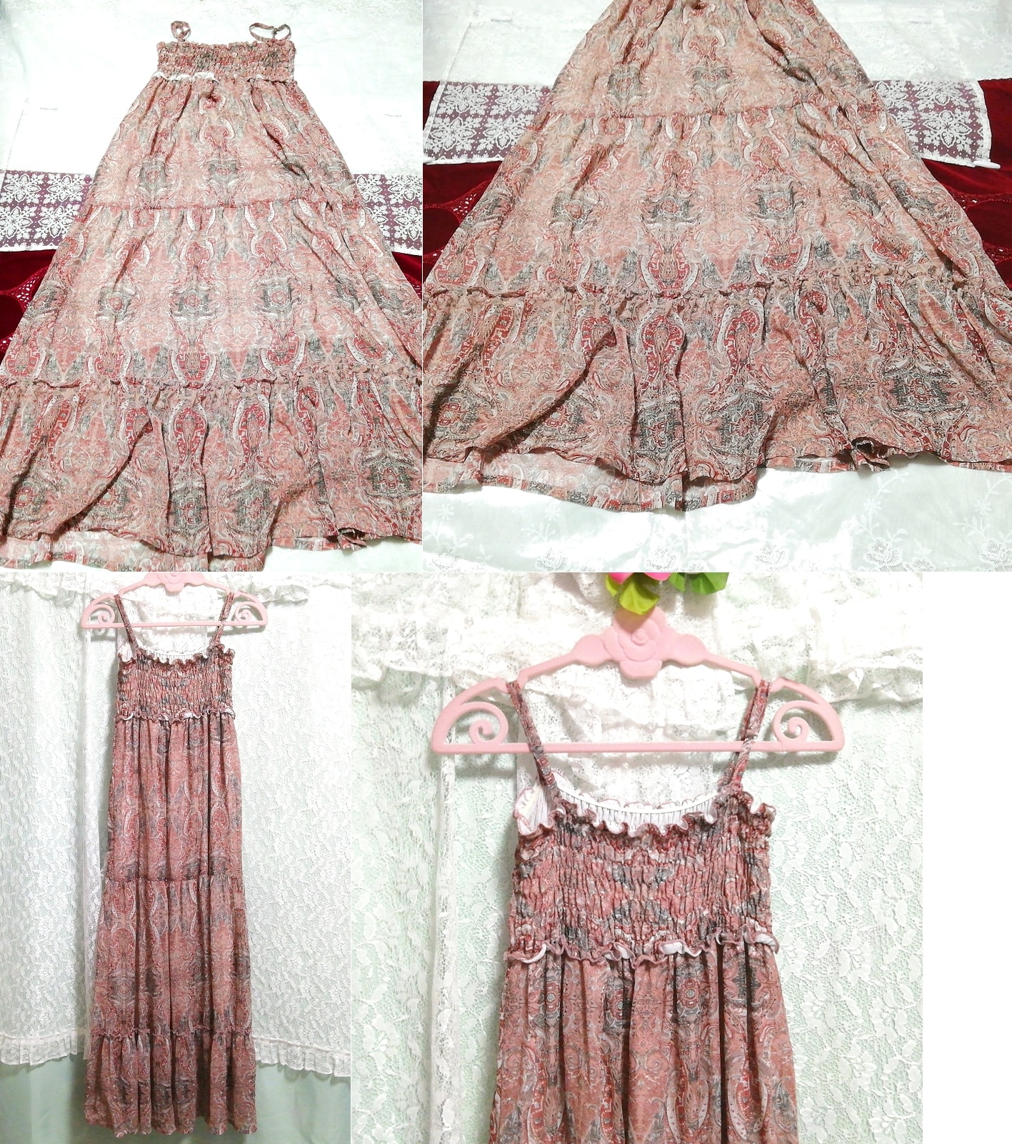 Brown ethnic pattern chiffon negligee nightgown camisole maxi dress, long skirt, l size