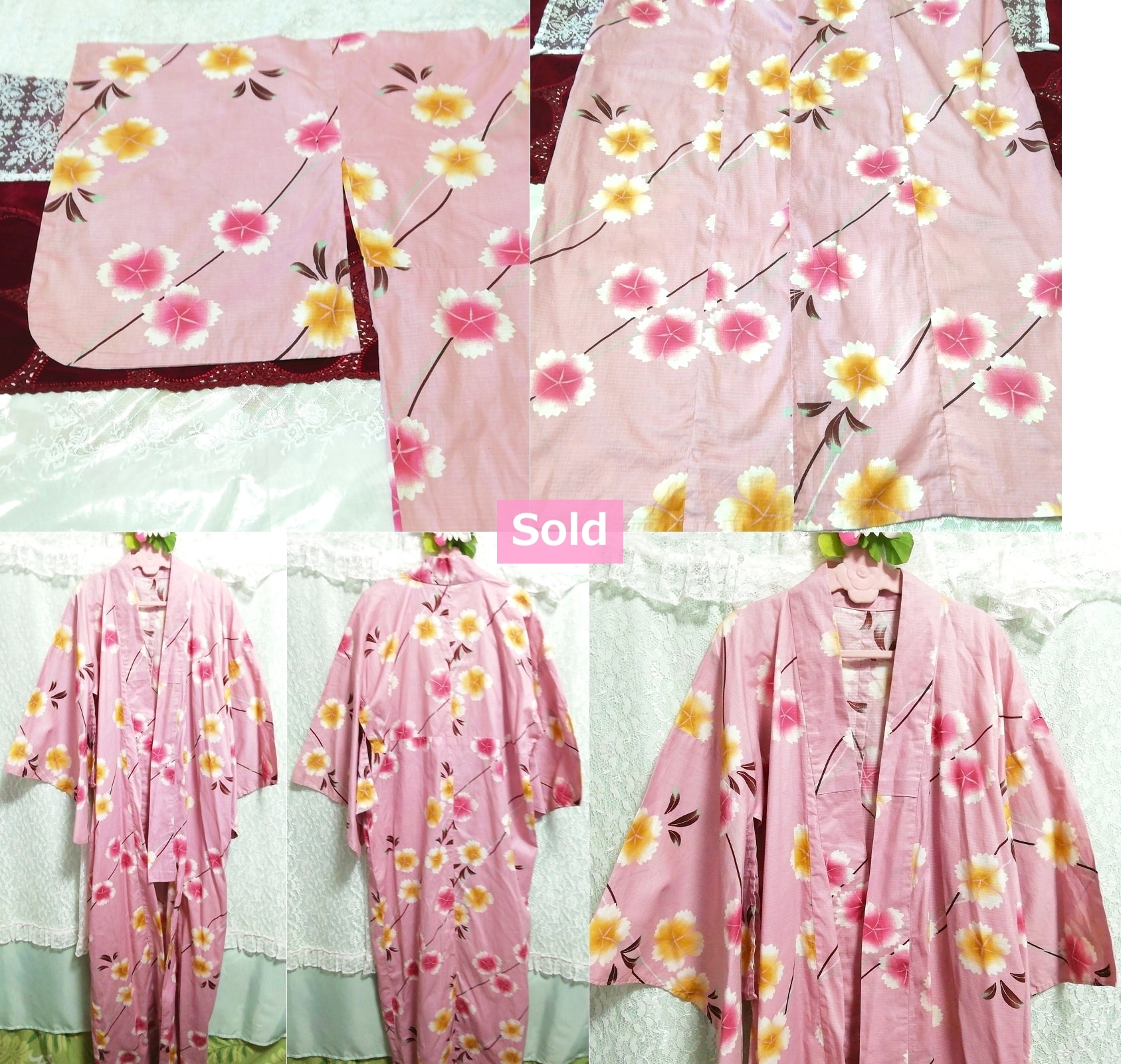 Hellrotes und rosa Blumenmuster Yukata japanisches Kimono japanisches Kleid, Damen-Kimono, Kimono, Yukata, Andere