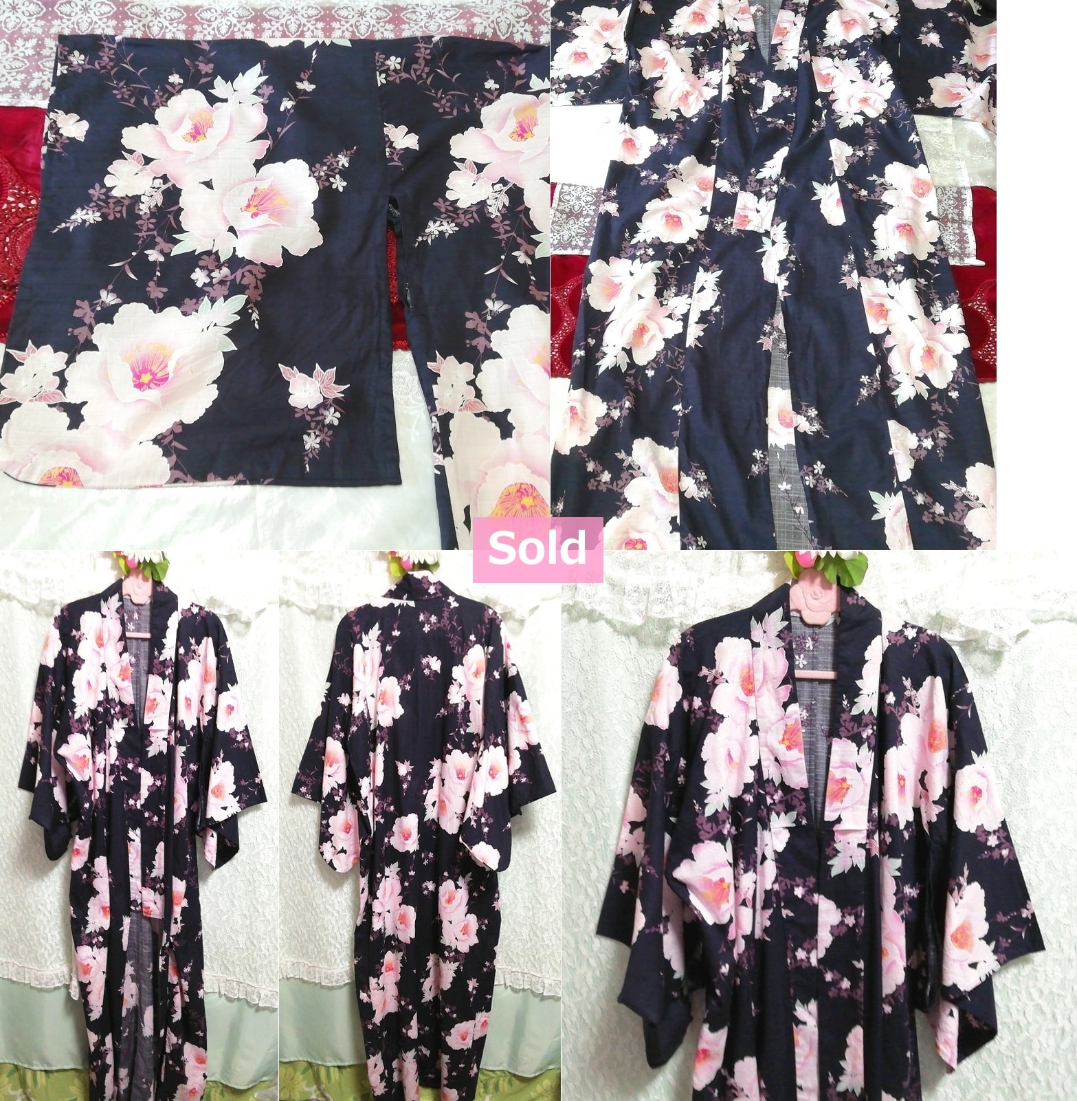 Marineblaues weißes Kirschblütenrosa Yukata Kimono Japankleid, Damenkimono, Kimono & Yukata & andere