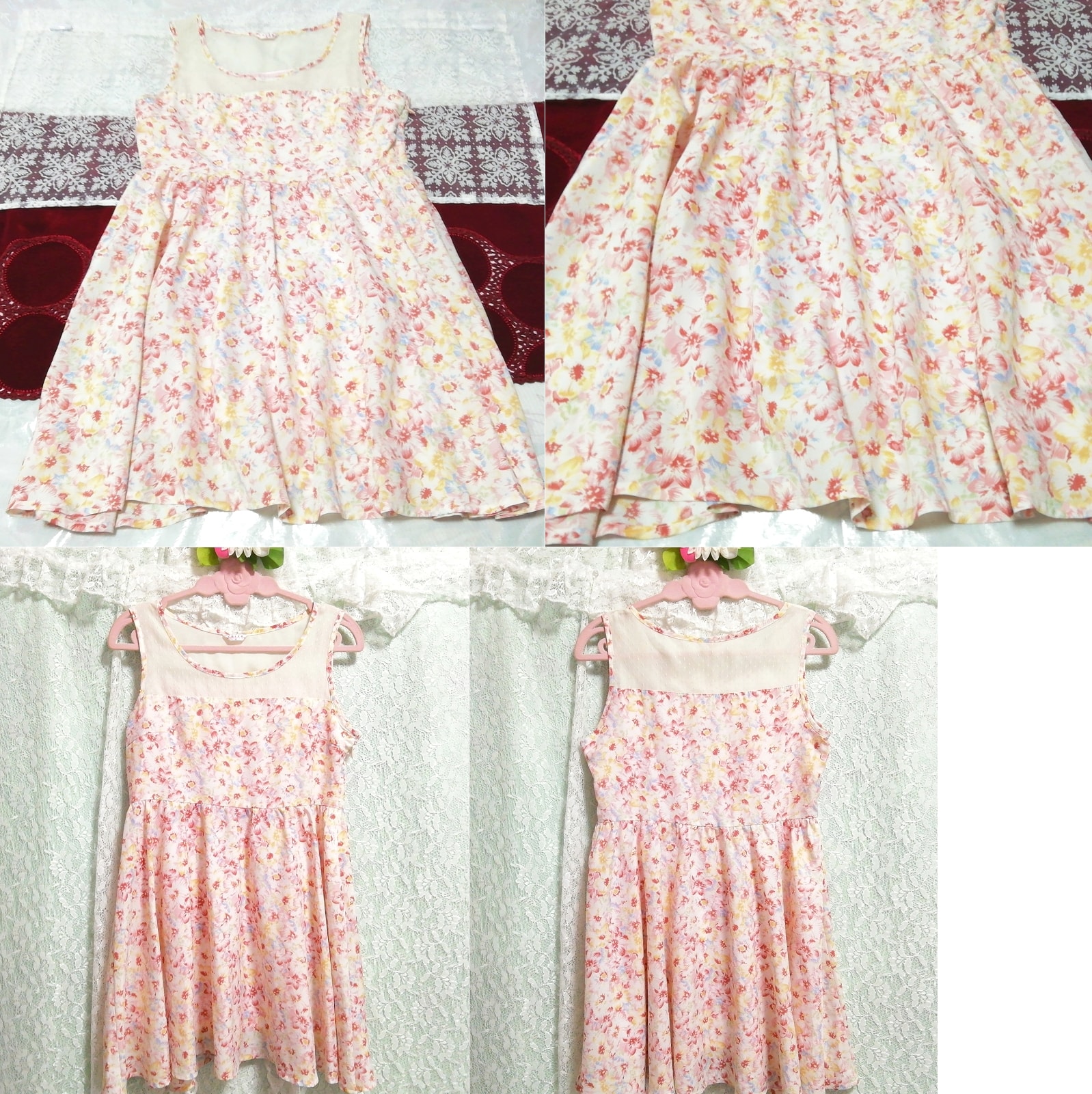 Pink light blue yellow floral pattern chiffon sleeveless negligee nightgown mini dress, mini skirt, m size