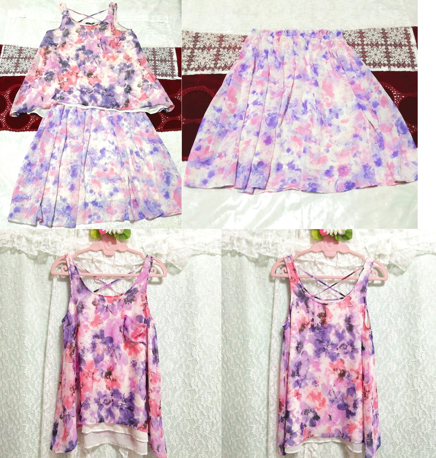 White purple pink chiffon sleeveless tunic negligee nightgown watercolor pattern flare skirt 2P, fashion, ladies' fashion, nightwear, pajamas