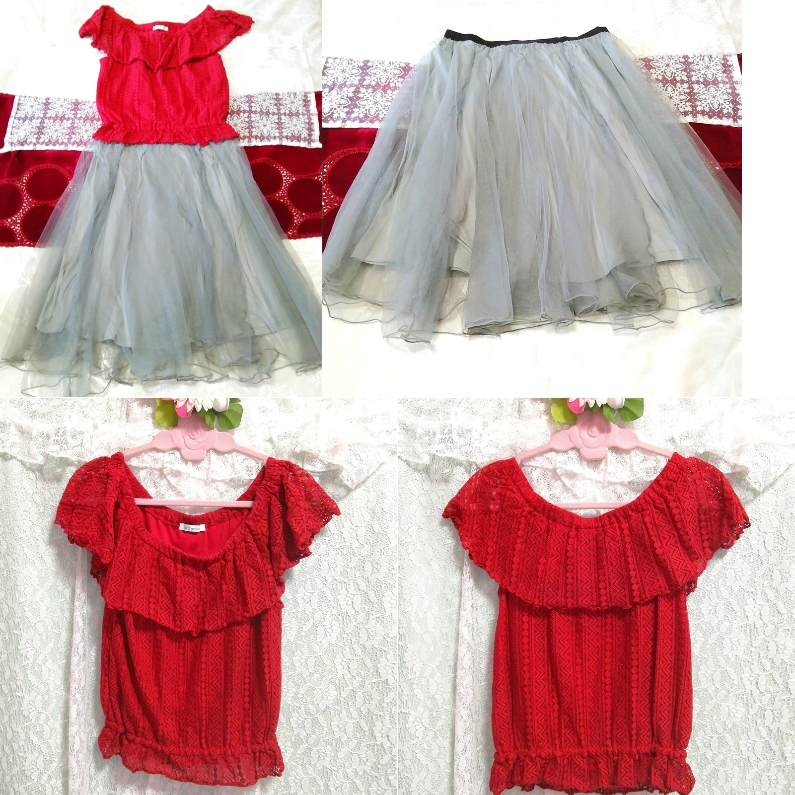 Rote Spitzen-Tunika, Negligé-Nachthemd, grauer Tüllrock, 2 Stück, Mode, Frauenmode, Nachtwäsche, Pyjama