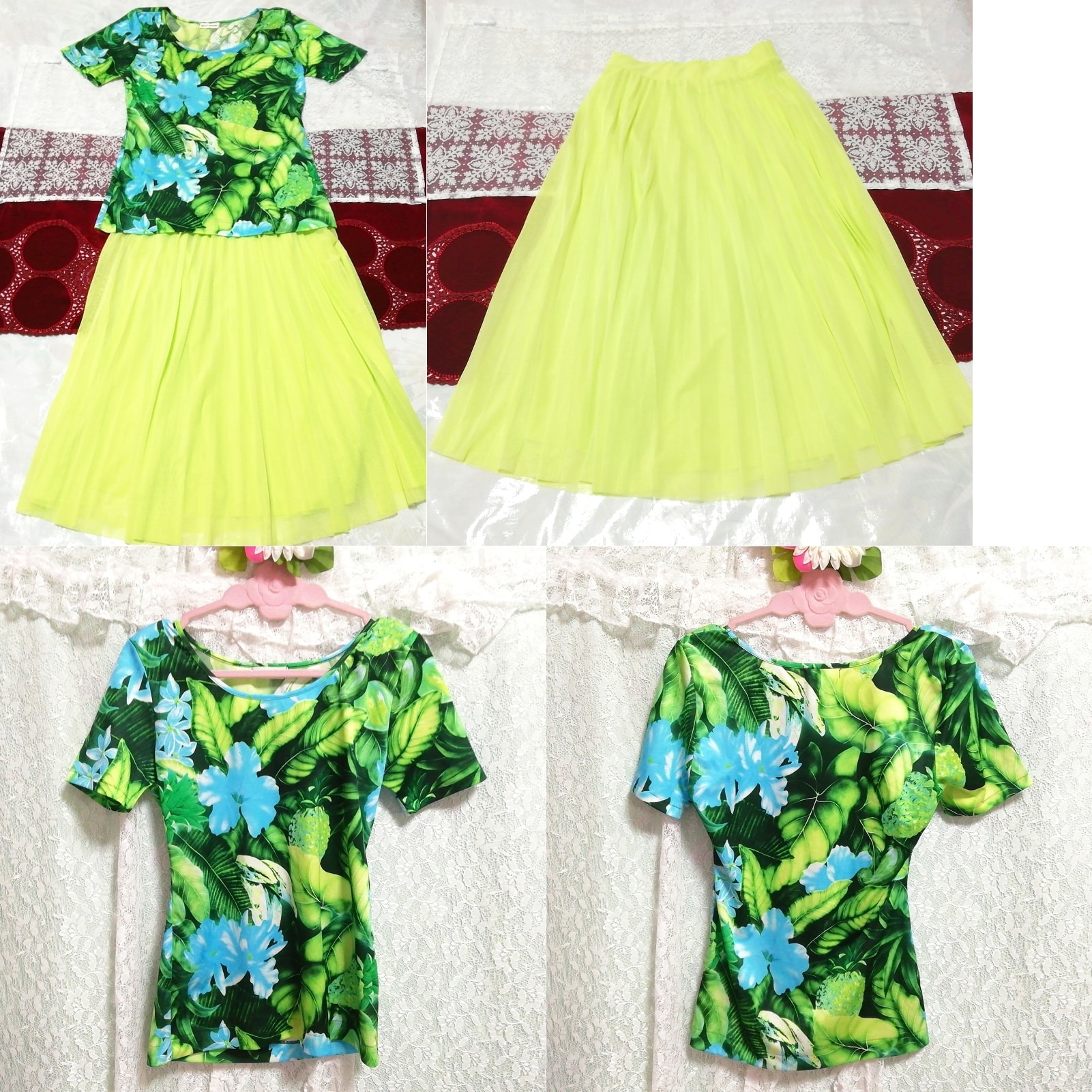 森林图案 T 恤束腰睡衣荧光黄绿色长薄纱裙子 2P, 时尚, 女士时装, 睡衣