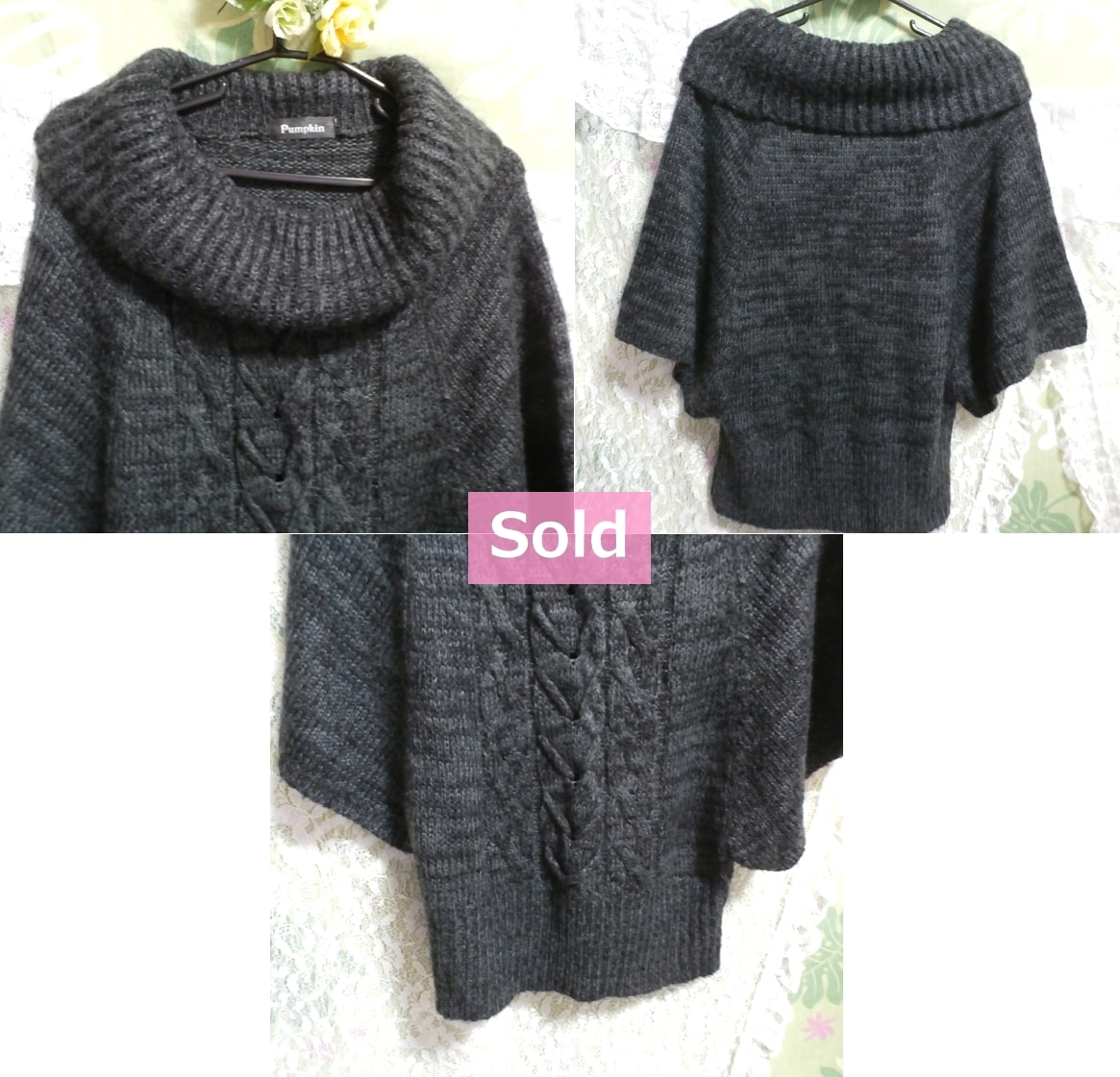 Estilo poncho peludo gris oscuro / suéter / punto / tops, punto, suéter y mangas largas y talla M