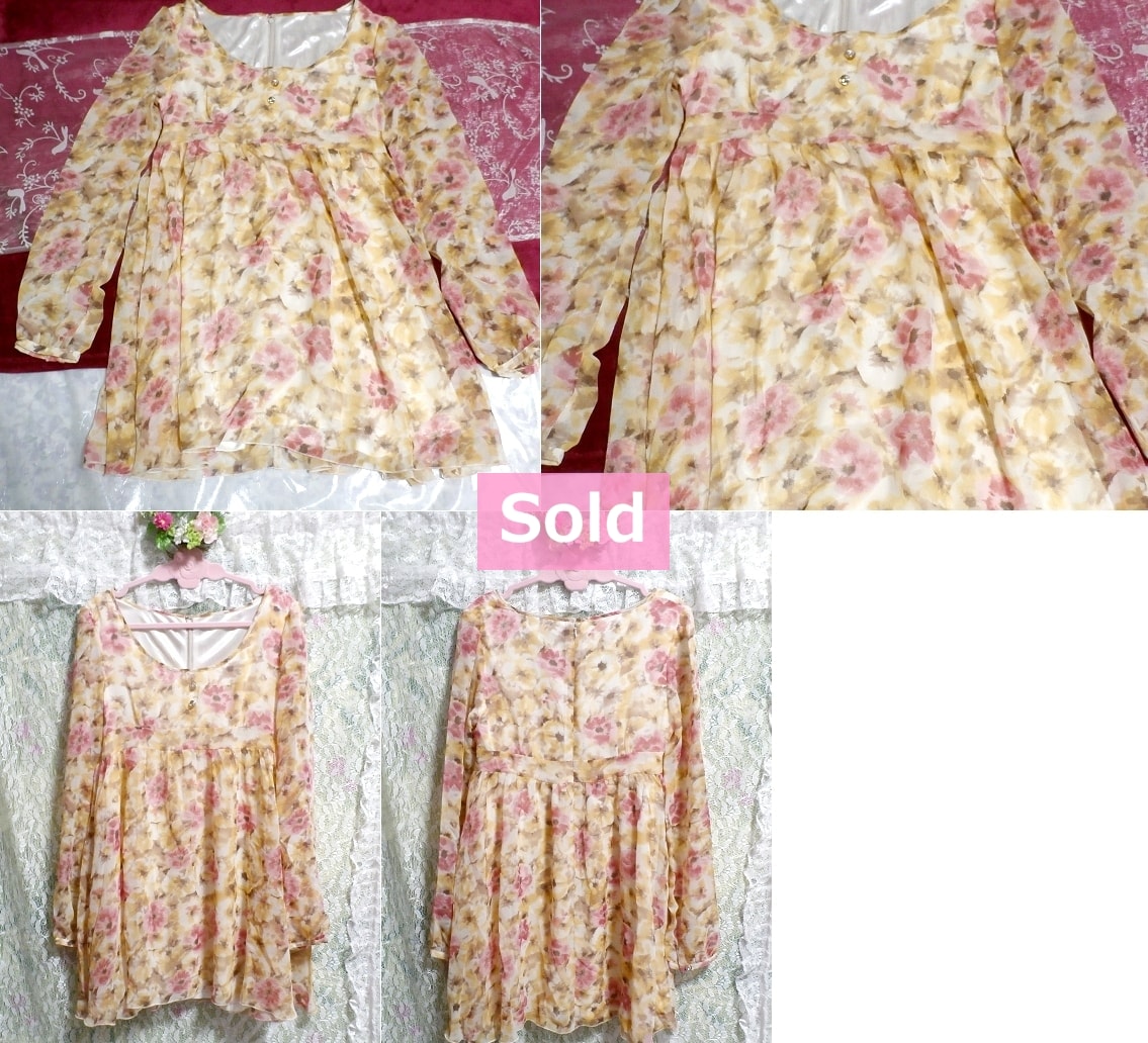 Light yellow pink flower pattern chiffon tunic / tops / onepiece, tunic & short sleeves & medium size