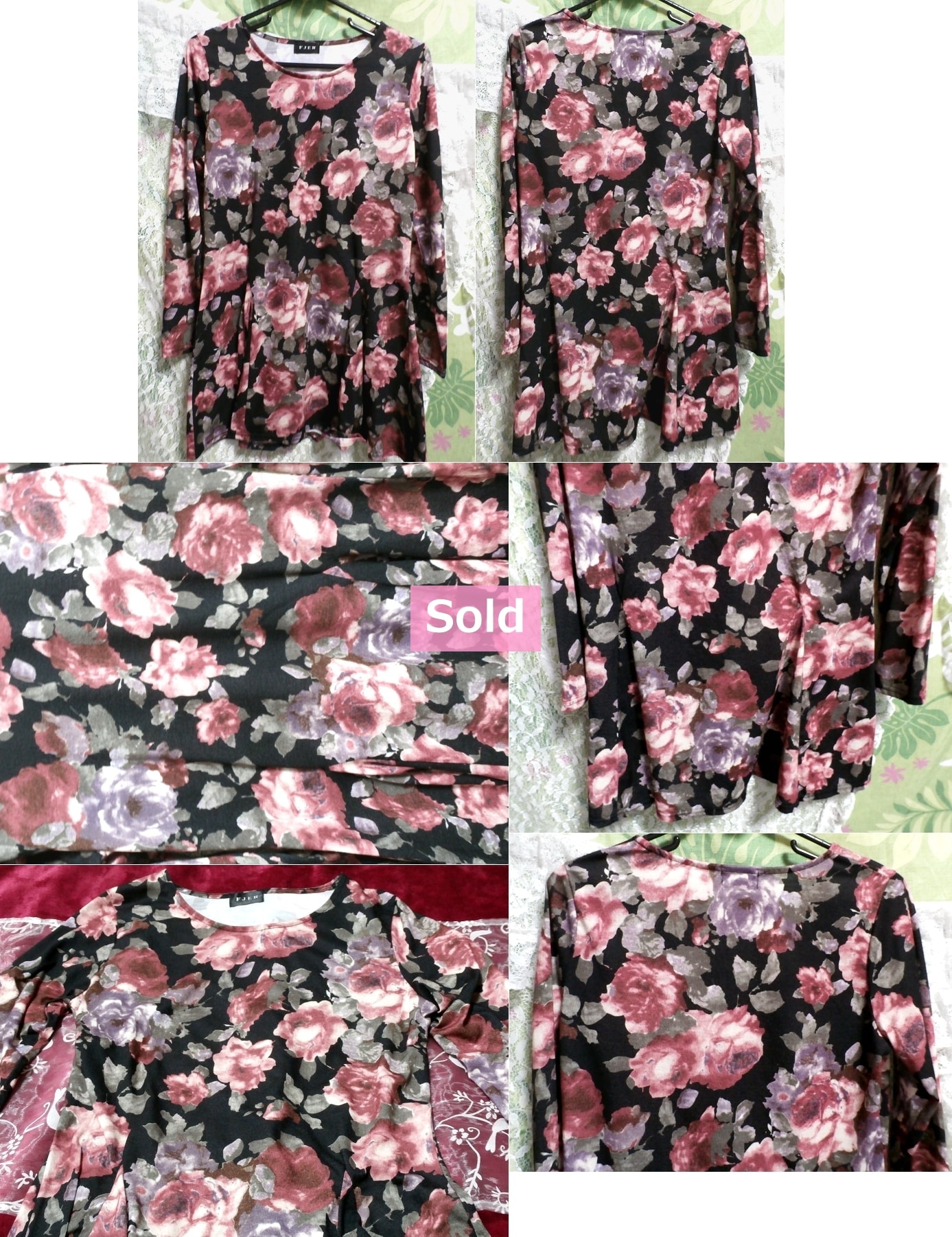 バラ花柄チュニック風長袖カットソー/セーター/ニット/トップス Rose flower pattern tunic style long sleeve cut sewn/sweater/knit