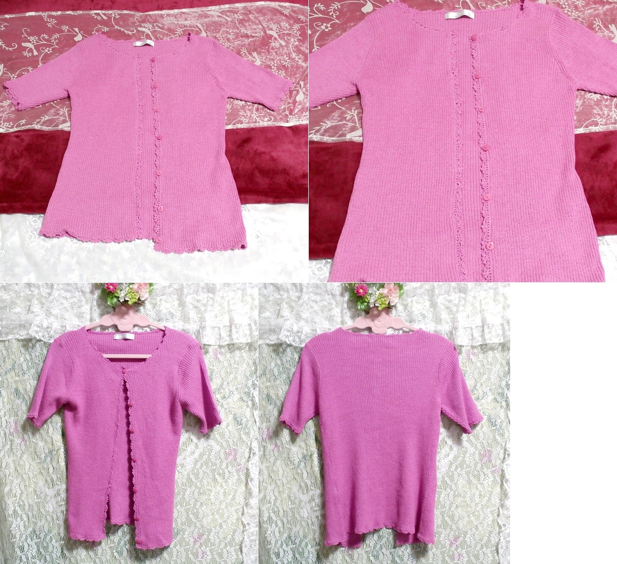 紫ピンクニットTシャツ/トップス Purple pink knit t shirt/tops, チュニック, 半袖, Mサイズ