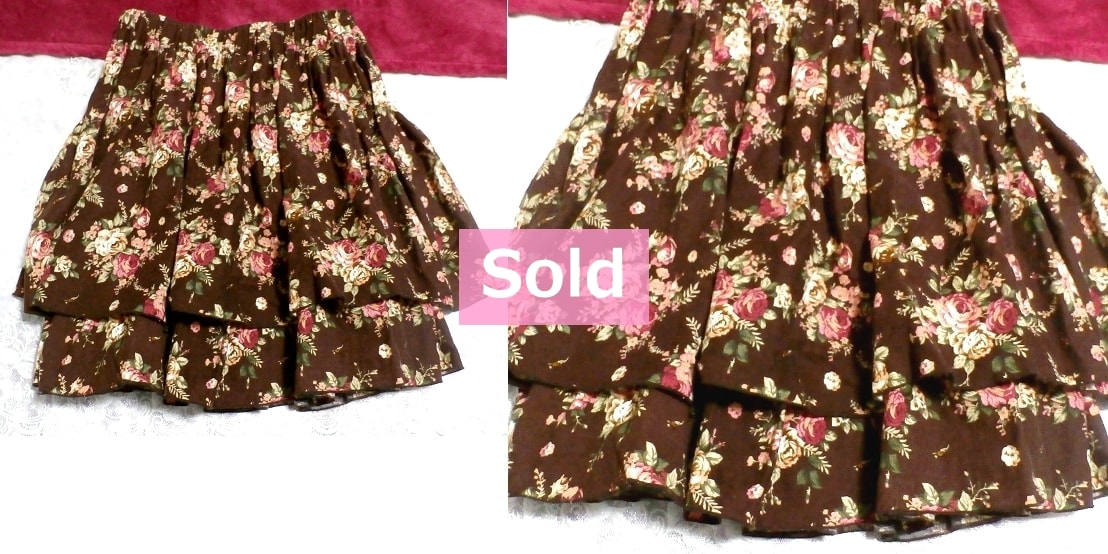 綿100%茶色ブラウン花柄2段フリルフレアミニスカート 100% cotton brown flower pattern 2 step ruffle flare mini skirt