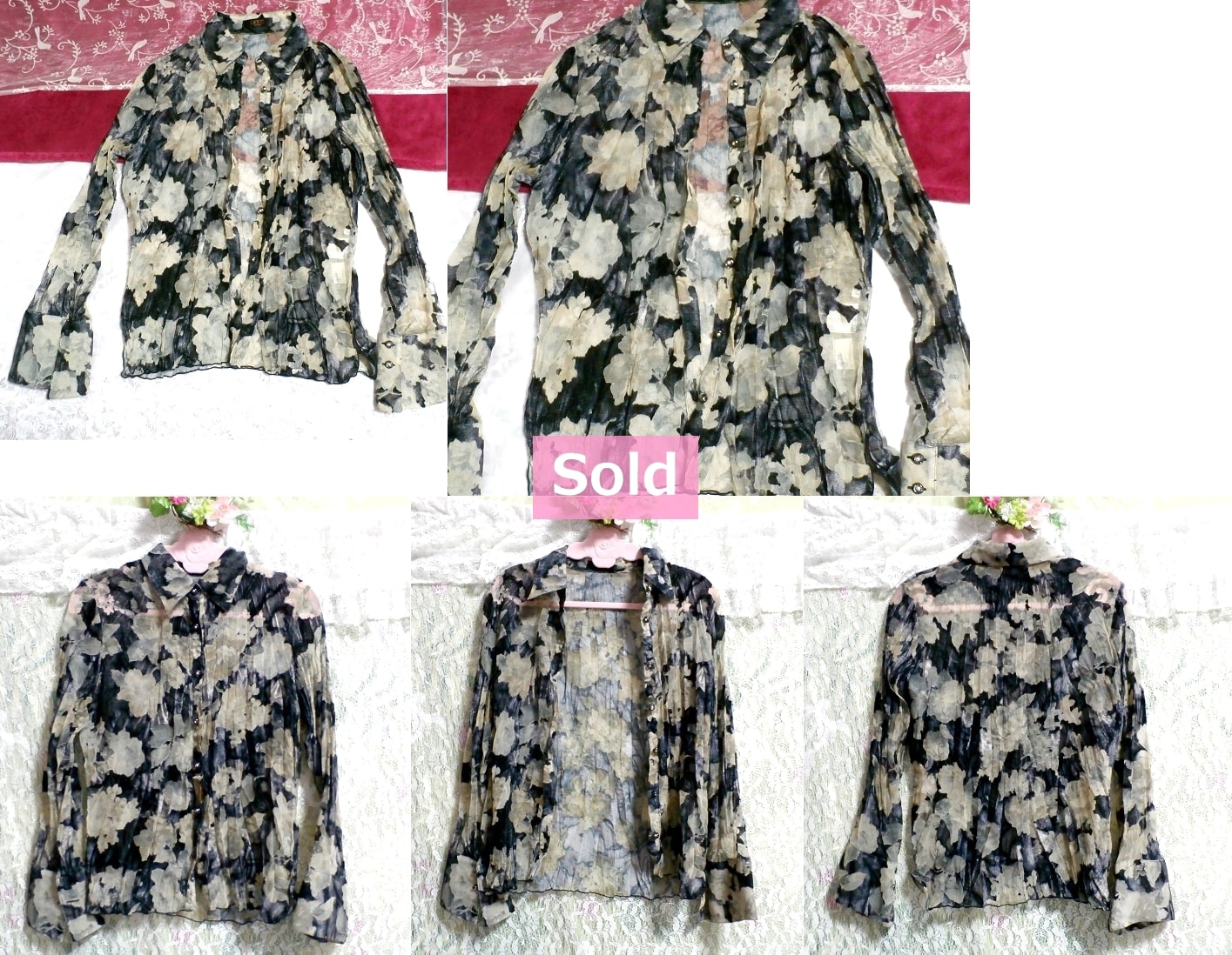 黒黄土花柄シースルーシフォンブラウス/トップス/羽織 Black ocher floral print see through chiffon blouse/tops/coat