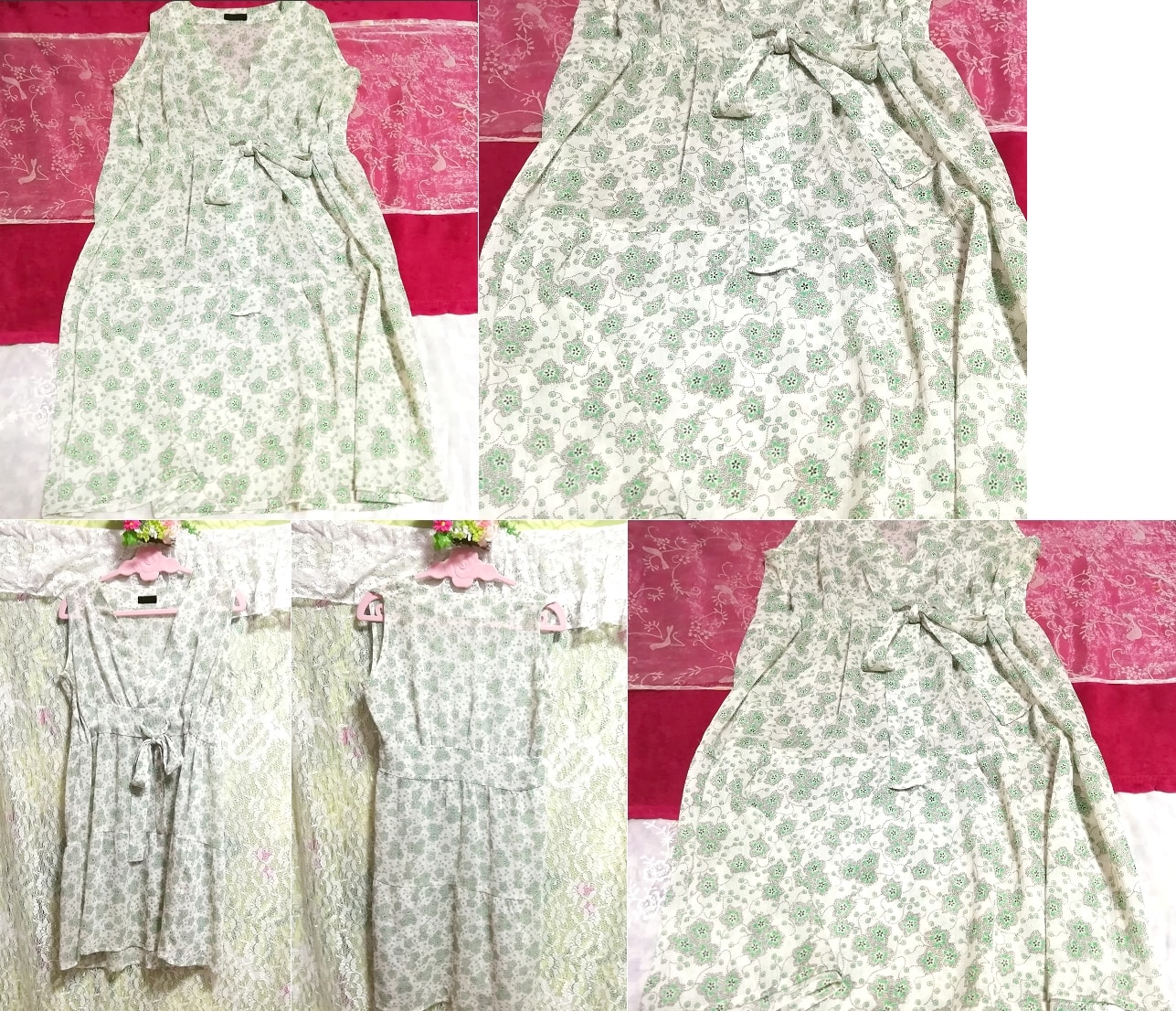 緑グリーン花柄シフォンシースルーノースリーブネグリジェワンピース Green floral pattern chiffon negligee see-through dress, ワンピース, ミニスカート, Mサイズ