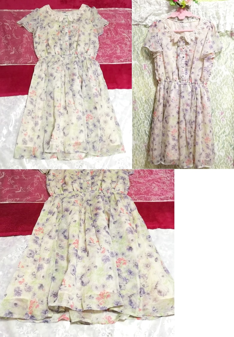 Pale green floral pattern chiffon short sleeve negligee nightgown tunic dress, tunic, short sleeve, m size